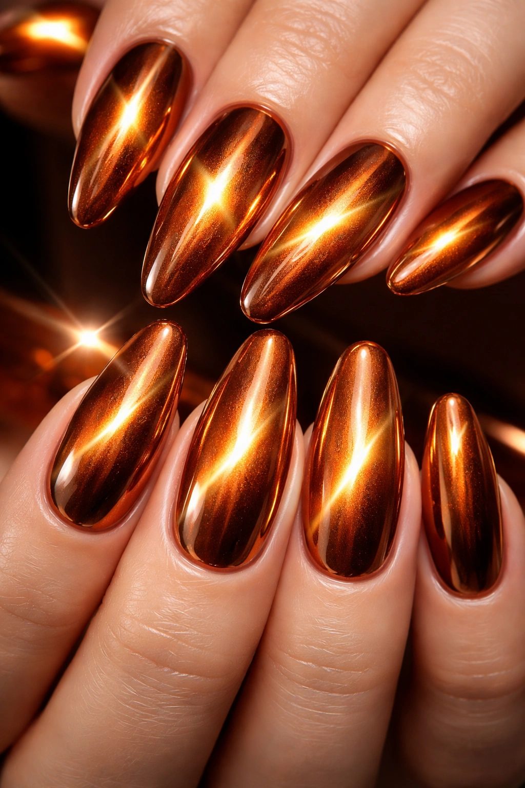 Nails with warm copper chrome cat eye, highly reflective surface
