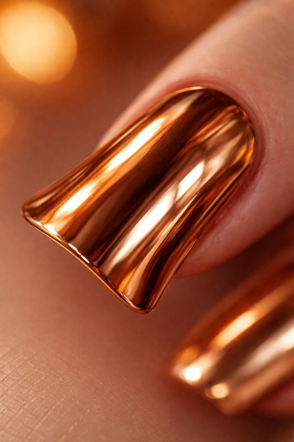 Close-up of copper chrome ducknail with warm undertones and amber reflections