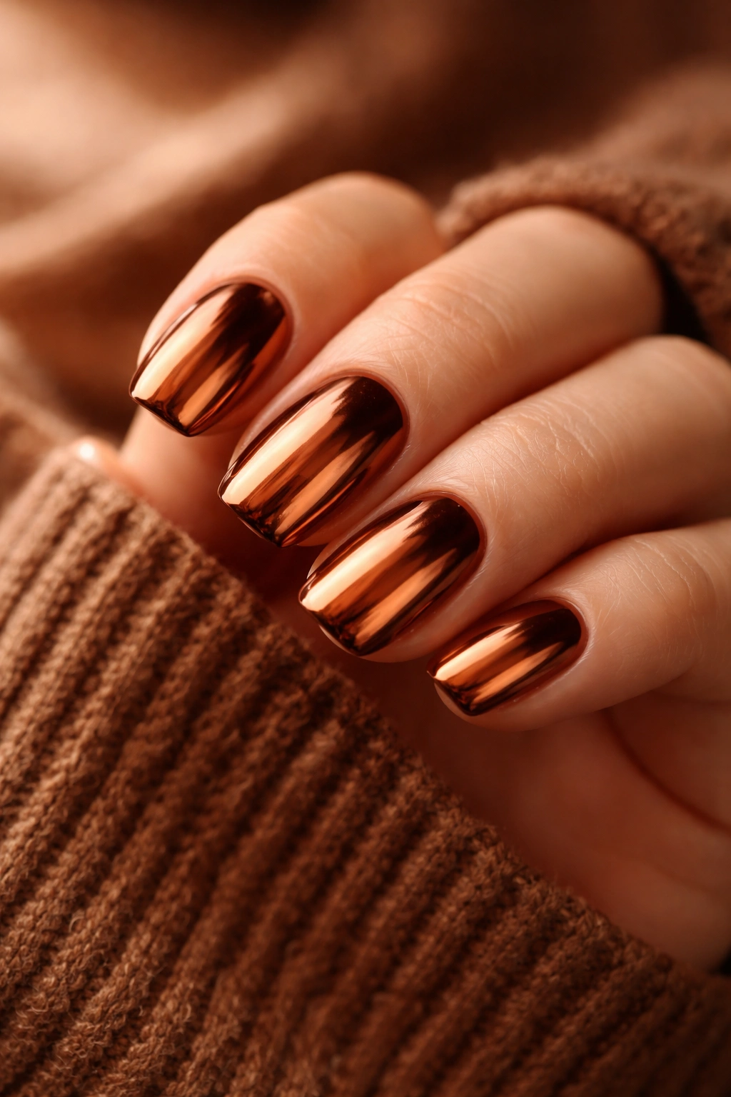 Copper chrome nails with warm metallic shine.