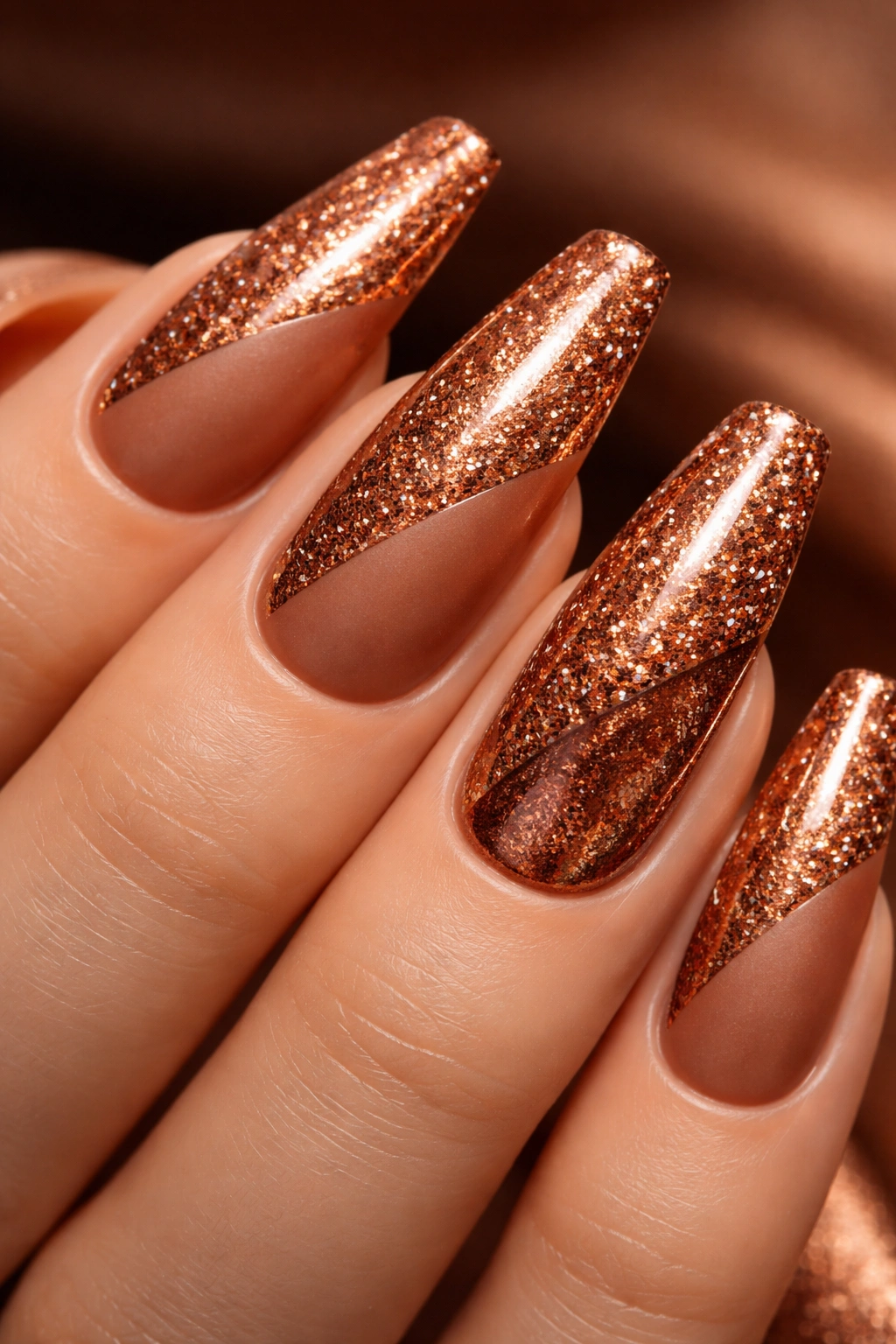 Close-up of copper glitter nails with matte and glossy finishes
