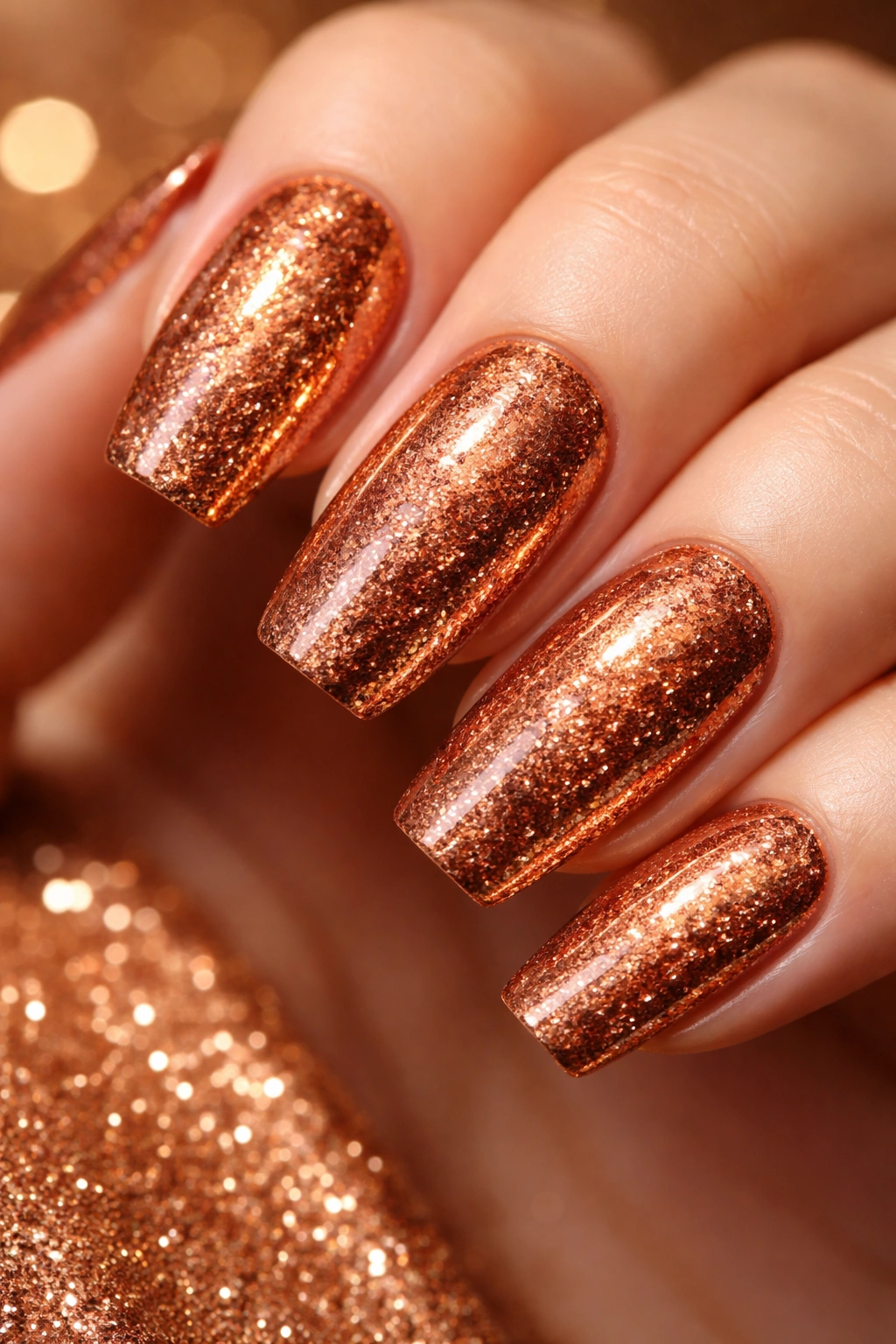 Close-up of copper metallic nails with fine glitter