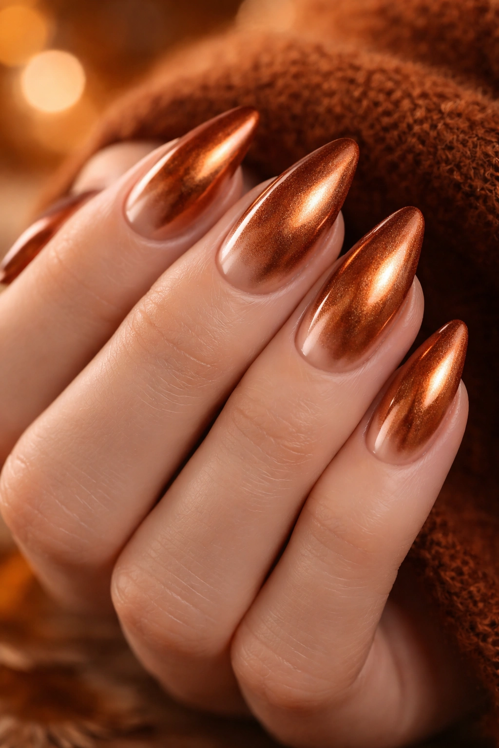 Copper metallic nails with warm autumnal tones on nude base