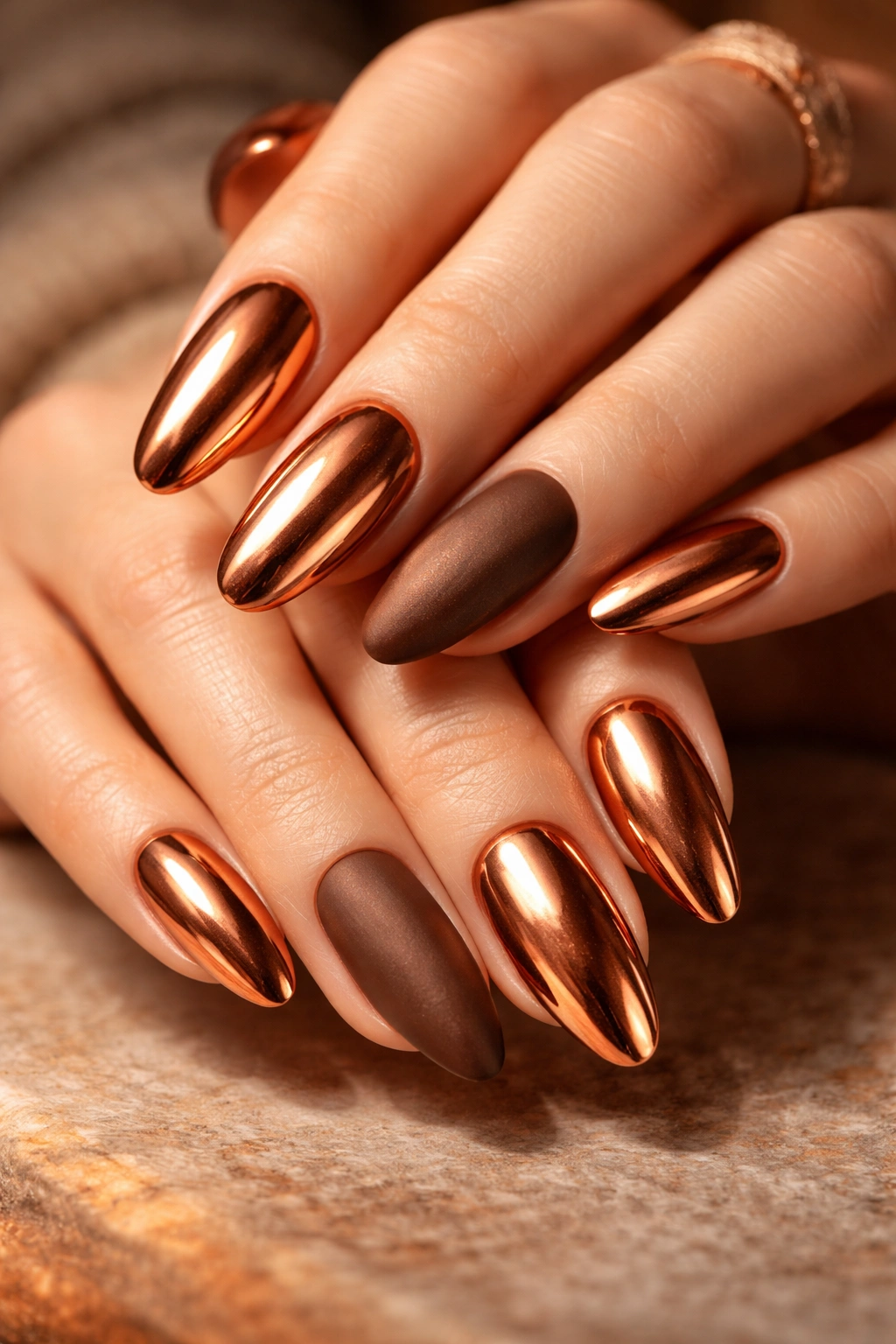 Close-up of copper metallic chrome nails with warm shine on a neutral surface