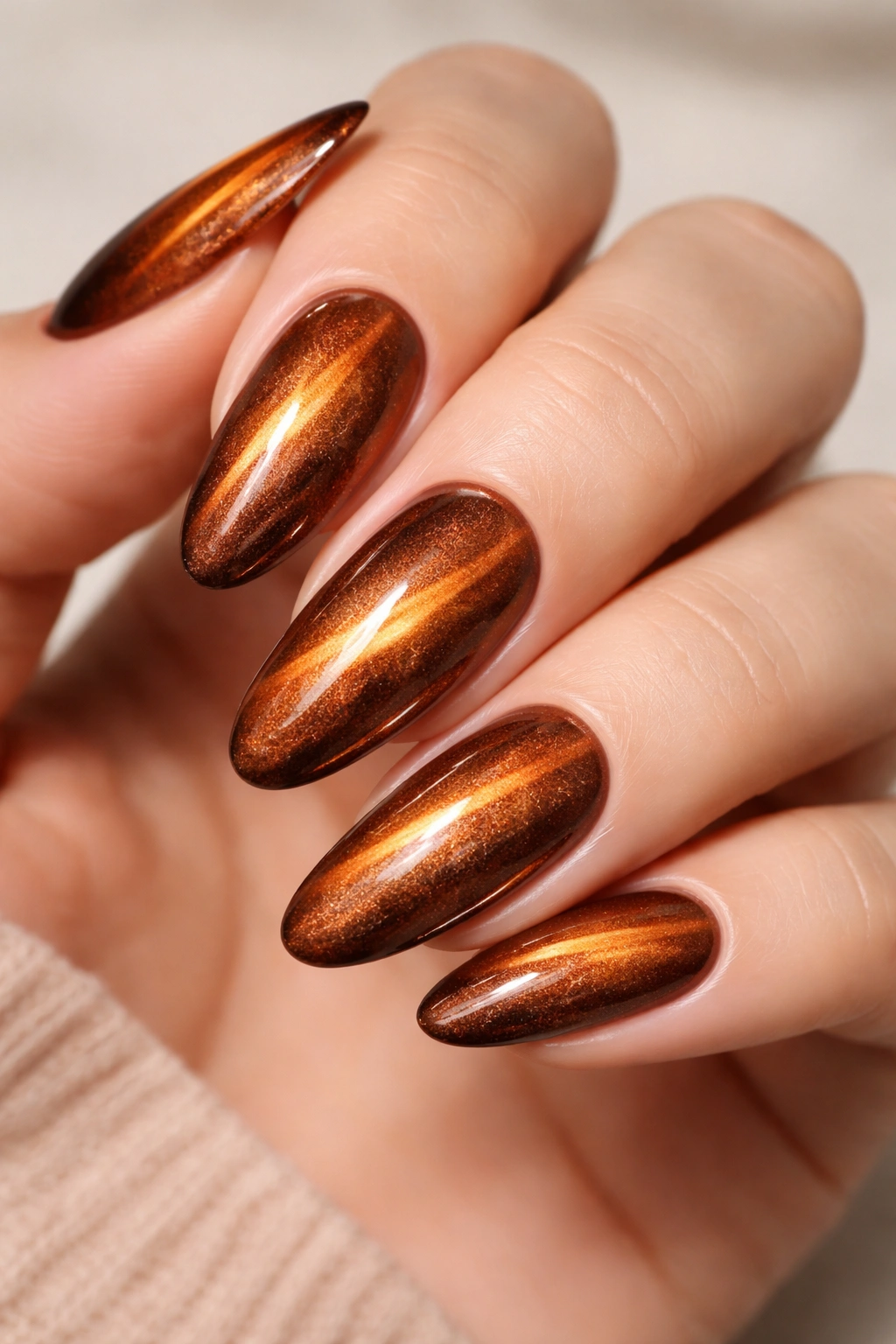 Close-up of copper cat eye nails with molten metallic shimmer on a single hand, warm tones