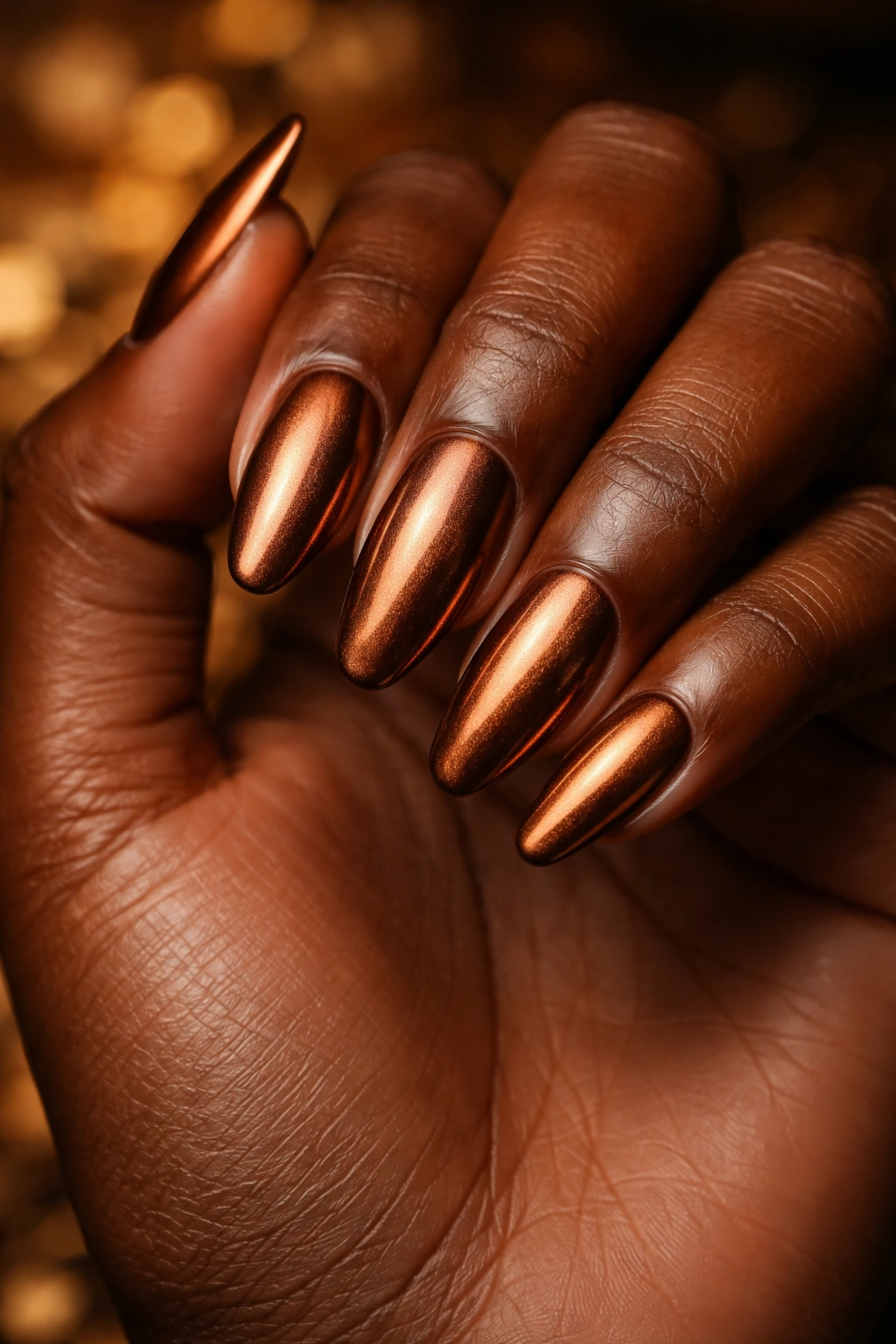 Dark skin with copper metallic nails