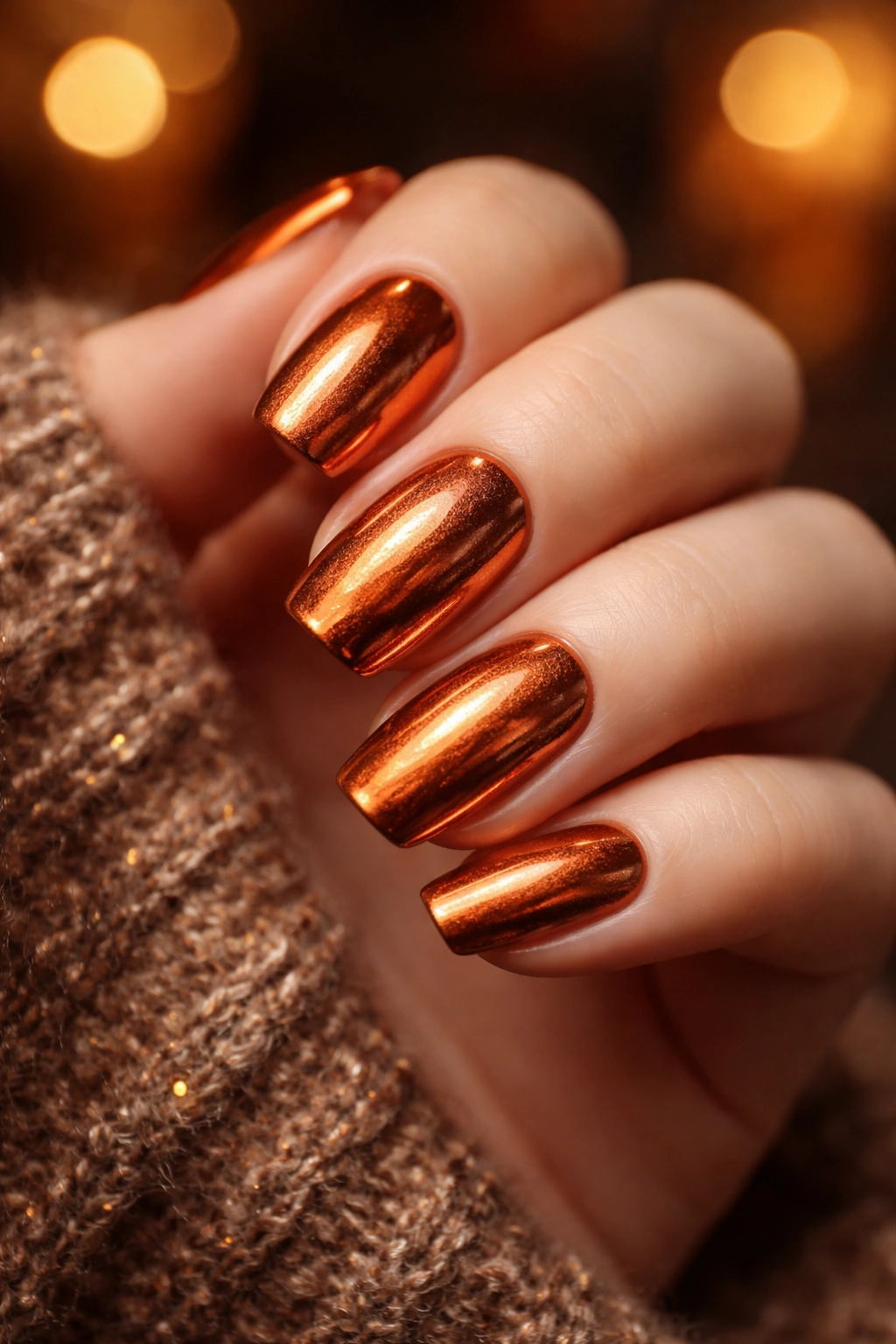 Close-up of hand with copper metallic nails