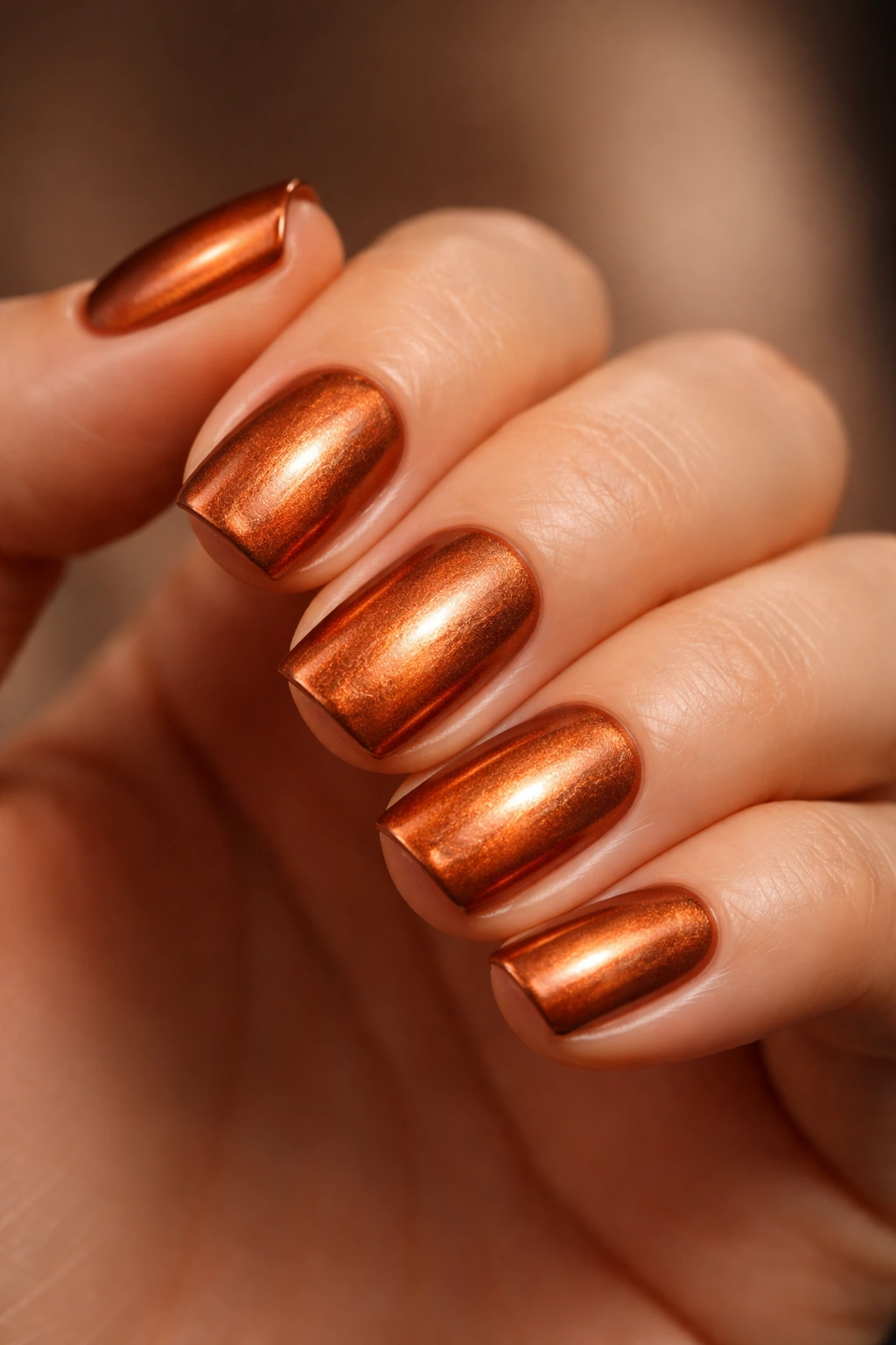Close-up of short squoval nails with copper metallic finish and warm orange undertones