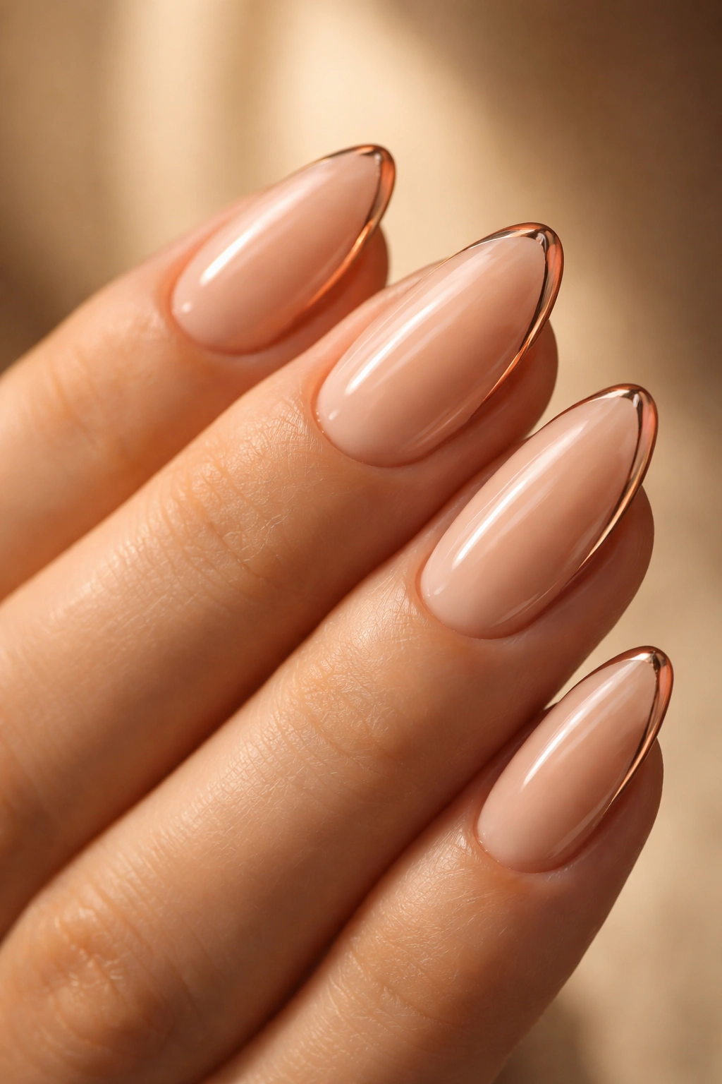 Almond nails with copper outline French tips on nude base in warm lighting