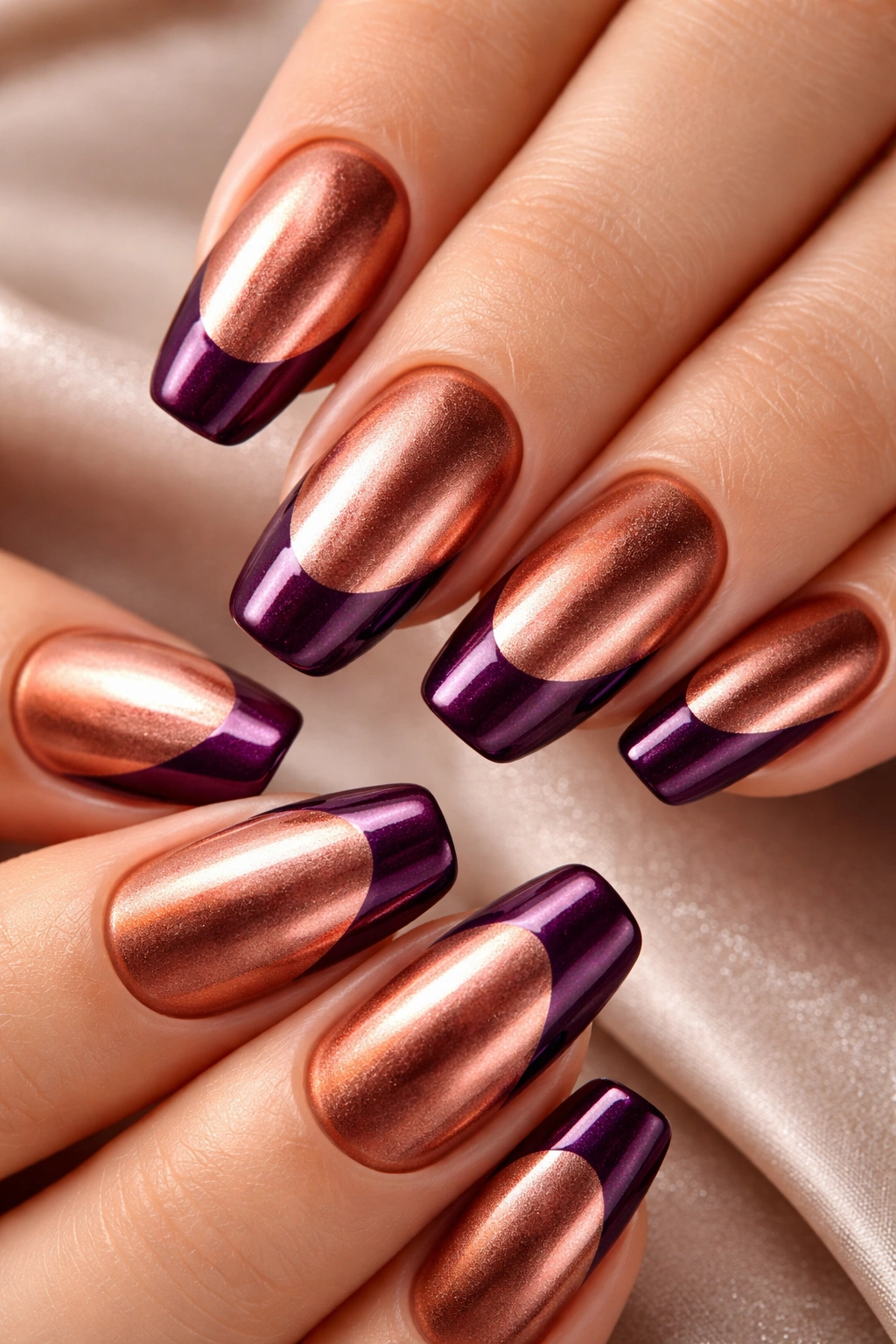 Close-up of copper and deep plum metallic two-tone nails with a glossy French-tip design
