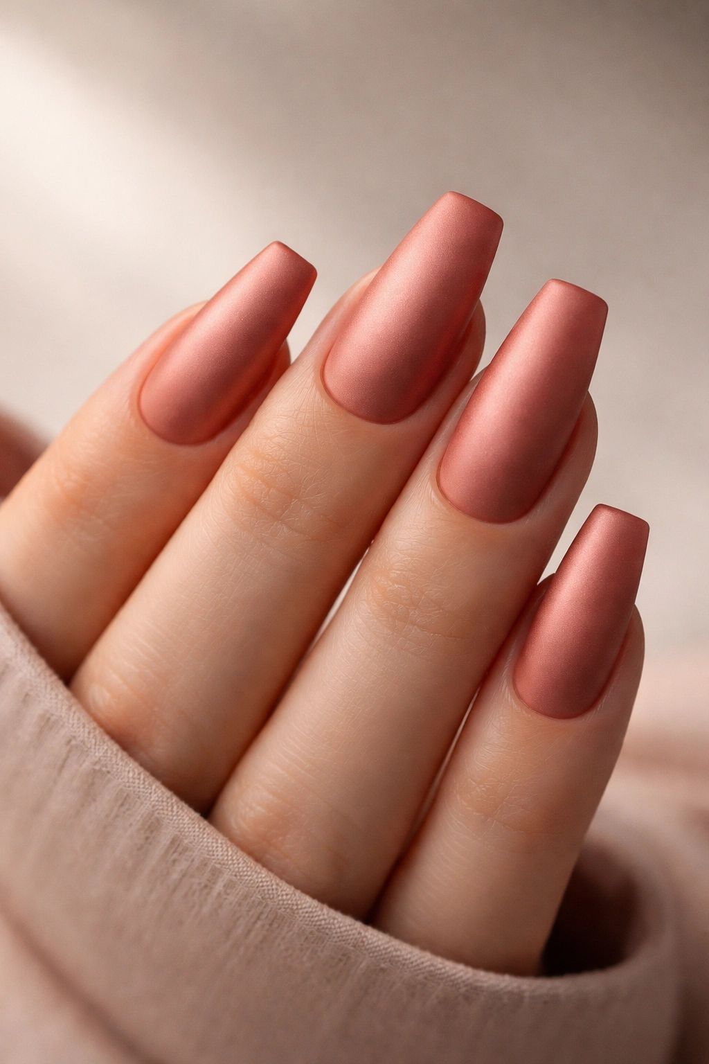 Close-up nails on hand with copper rose matte finish coffin nails