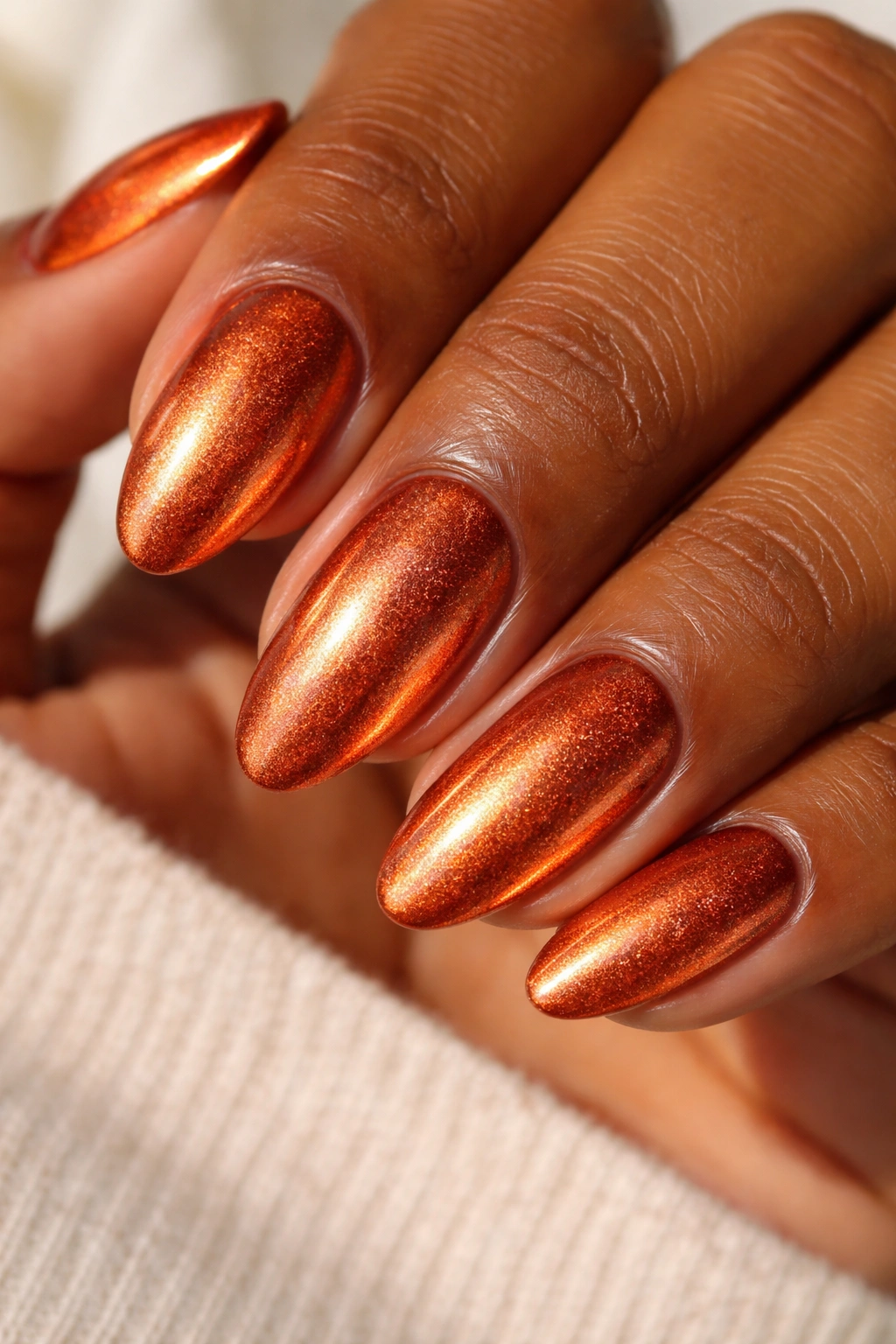 Close-up of nails with copper shimmer on warm-toned skin