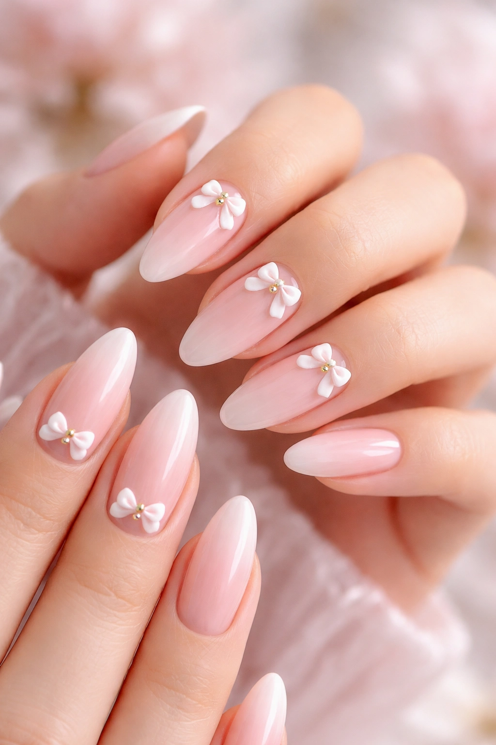 Close-up of almond nails with tiny white bows on pink base, no text