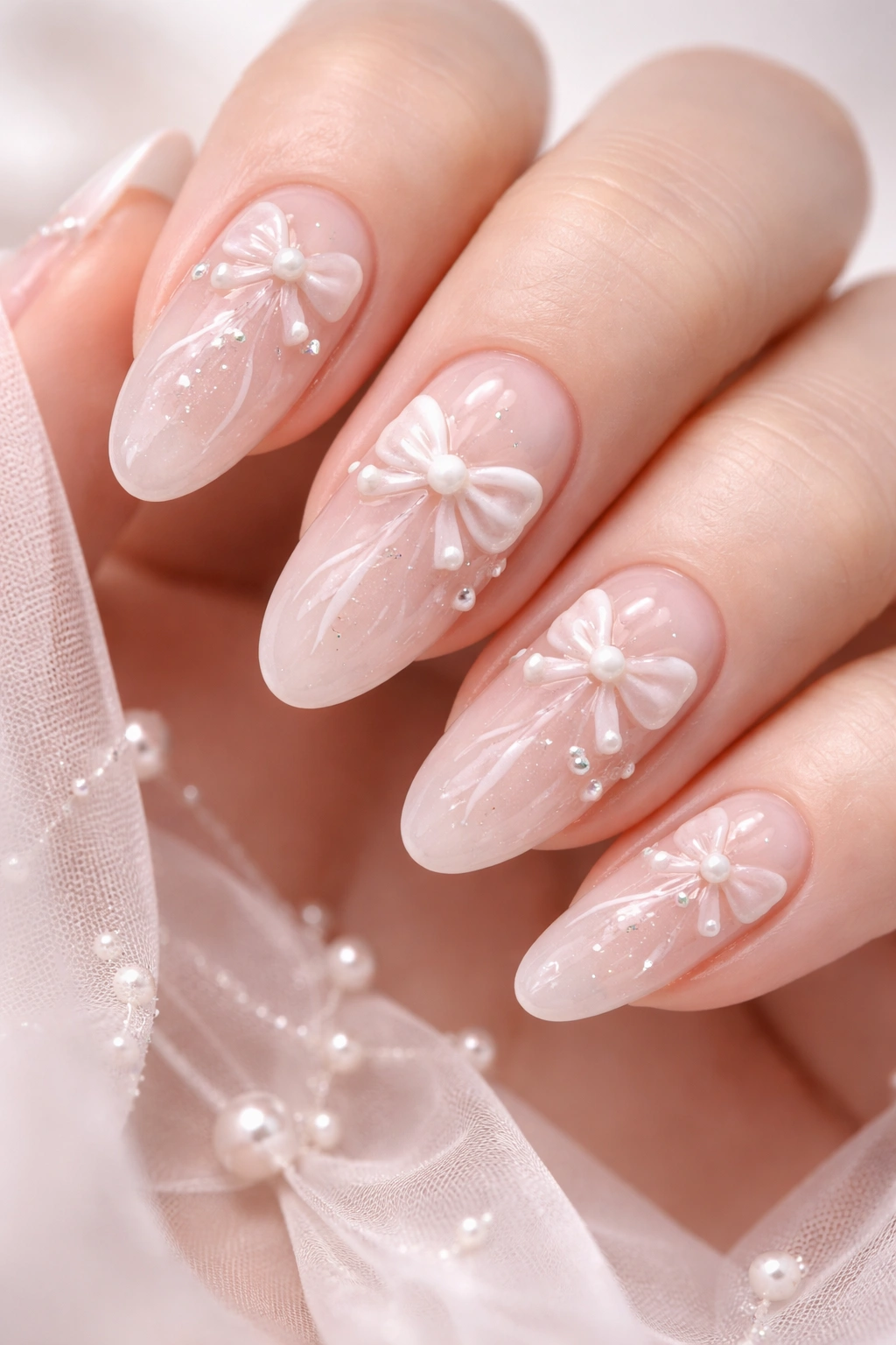 Nails with tiny hand-painted bows on pearlescent base