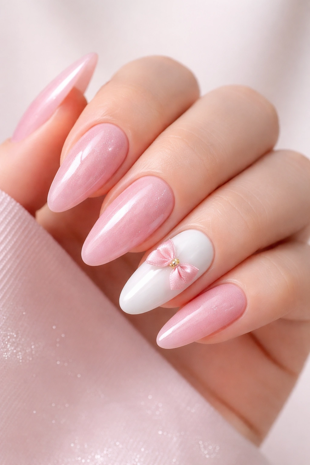 Close-up of coquette bow nails with pink cat-eye nails and a white accent nail featuring a small bow.
