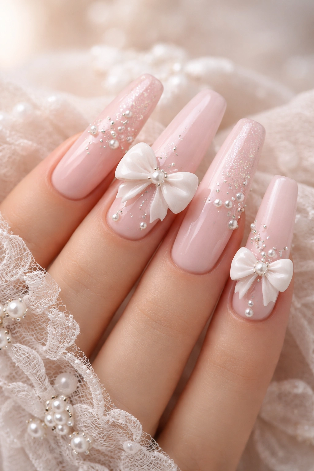 Close-up of long pink nails with bow designs on accent nails