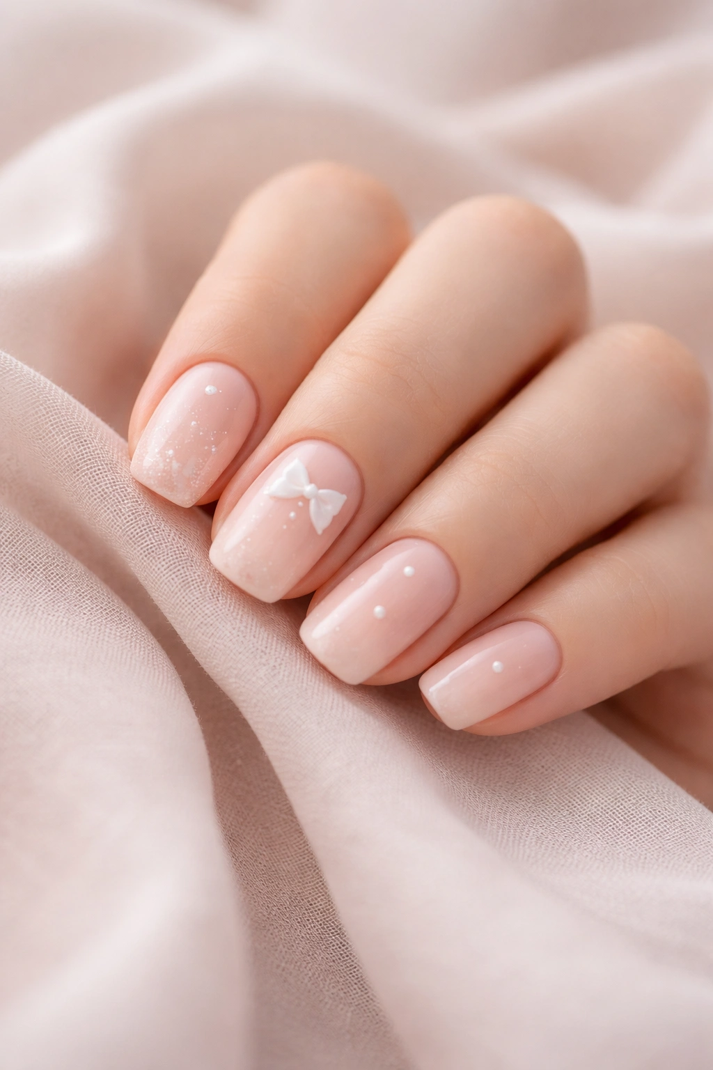 Close-up of neutral-toned short squoval nails reflecting coquette style