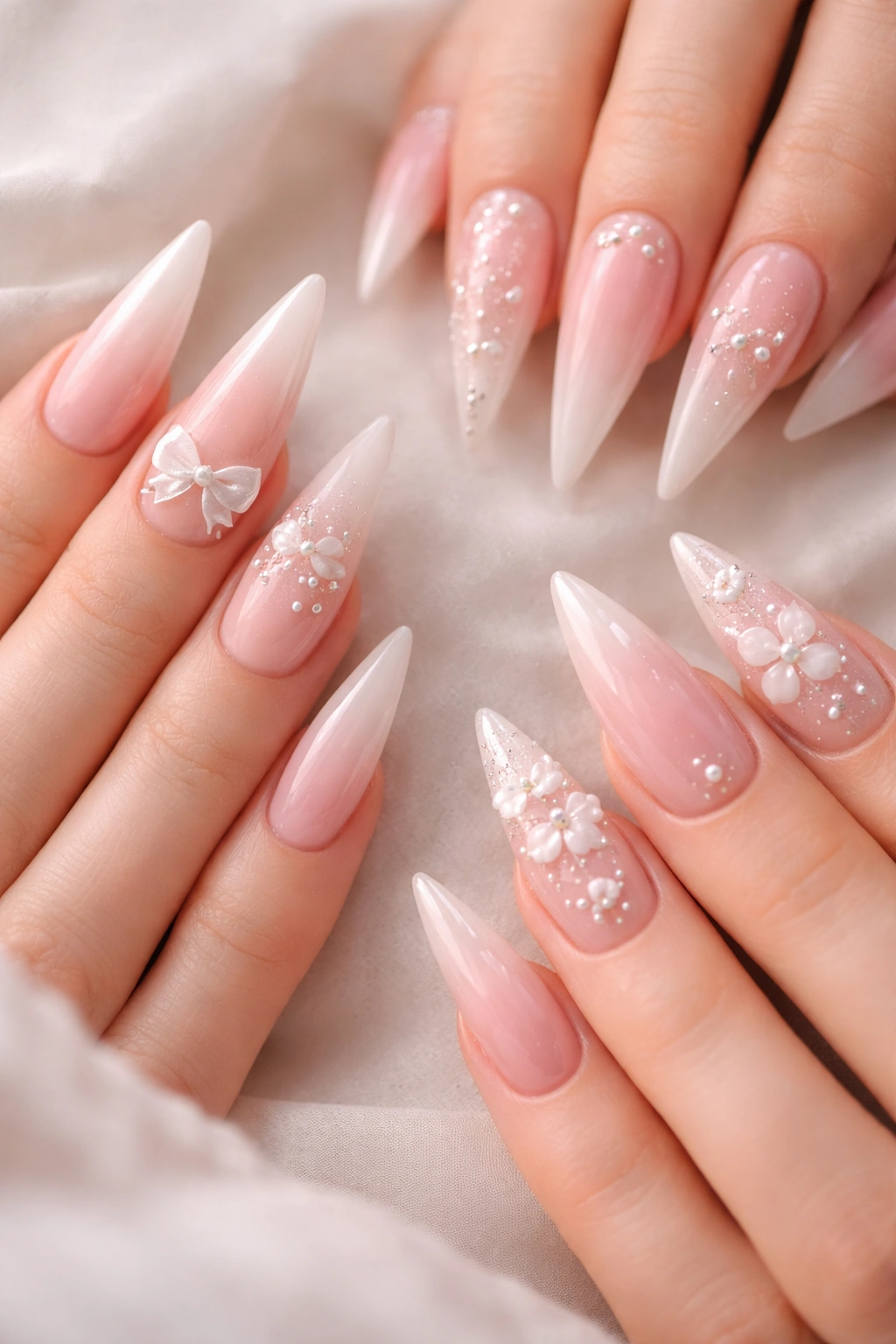 Close-up of versatile coquette stiletto nails on a neutral background