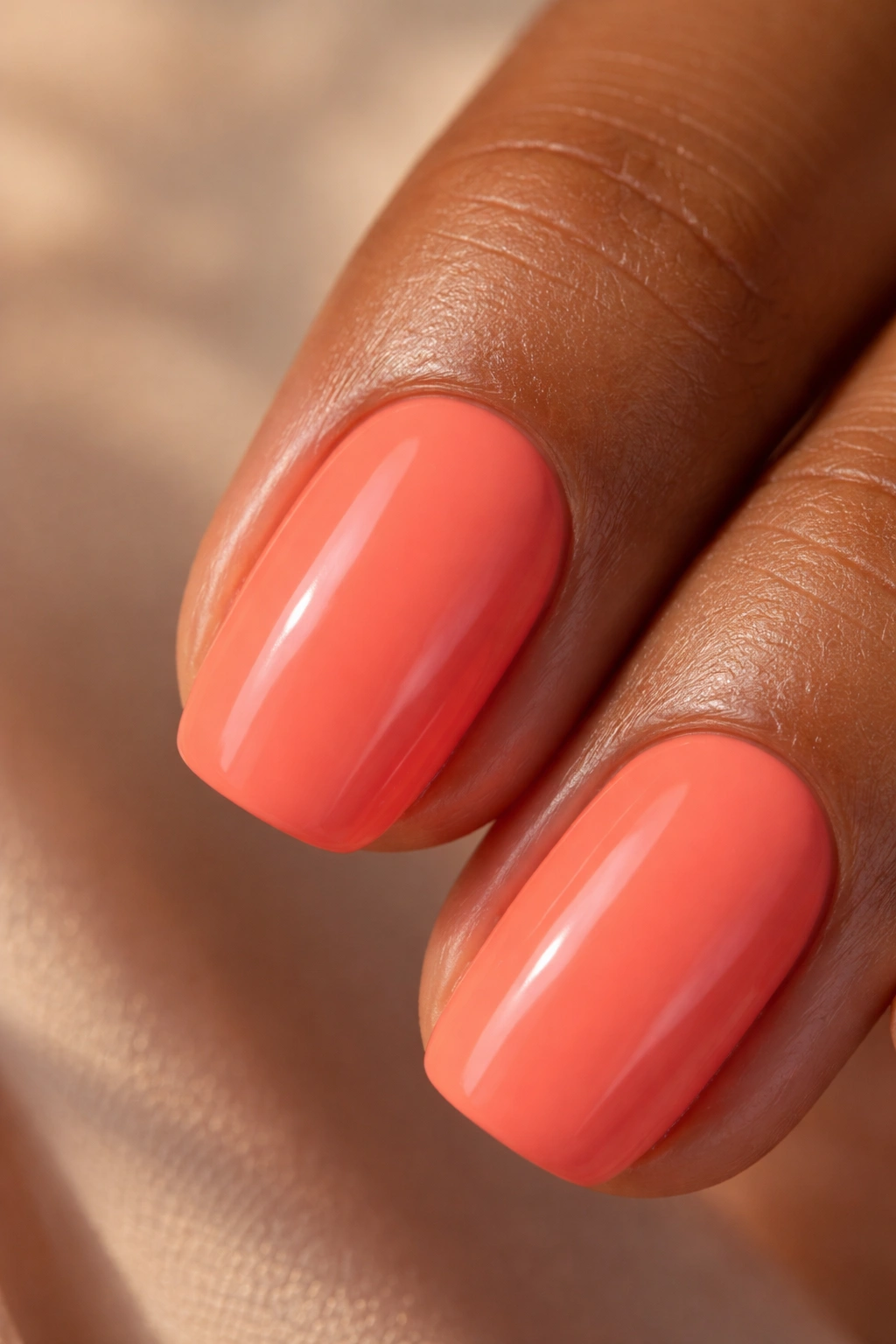 Coral fingernail close-up on warm skin