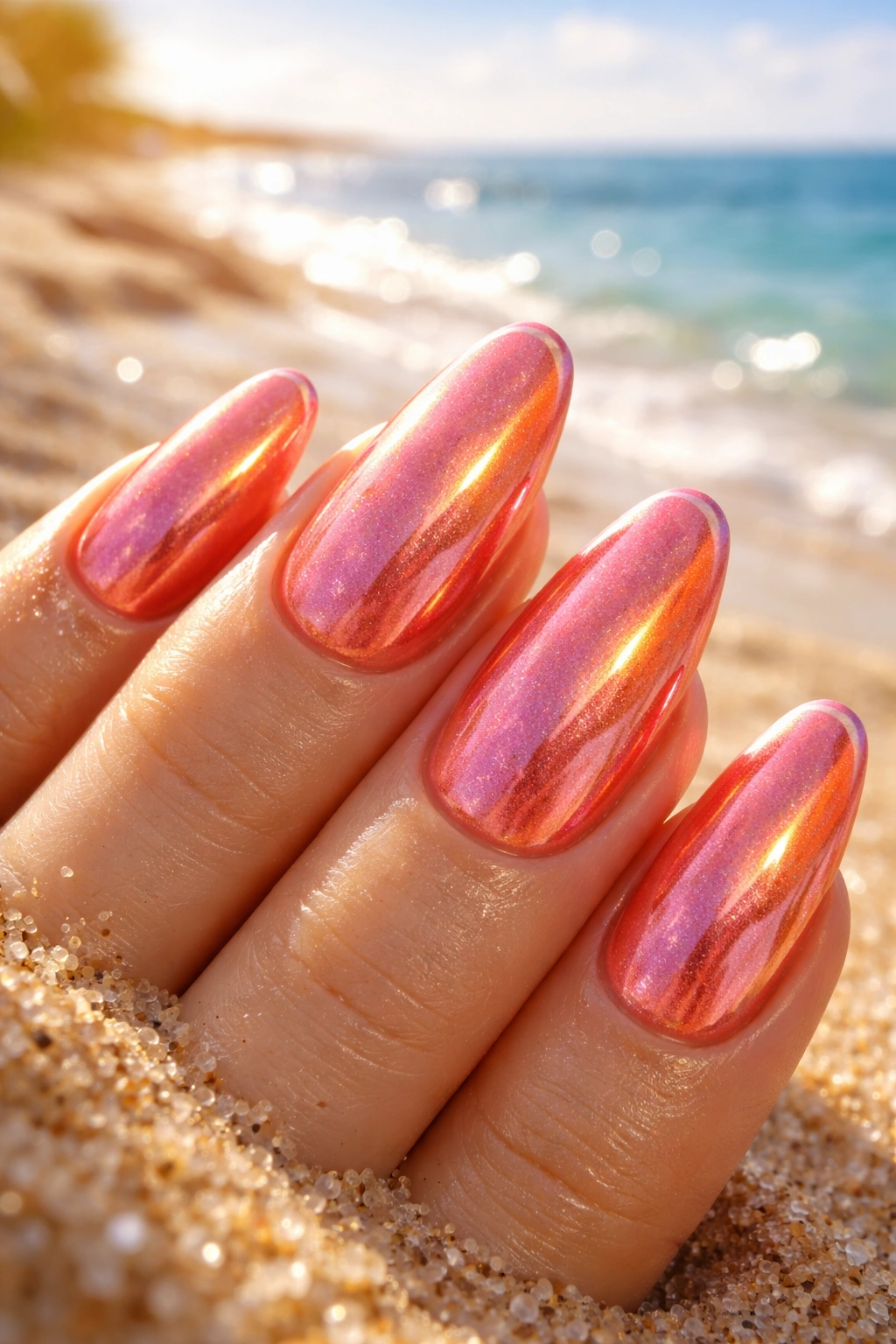 Nails with coral base and chrome shimmer on a sunny beach