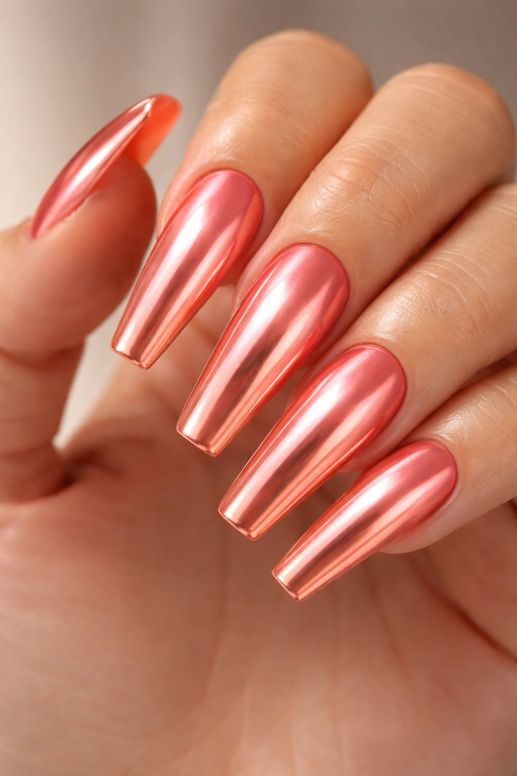 Long coral chrome nails with mirror finish on neutral backdrop