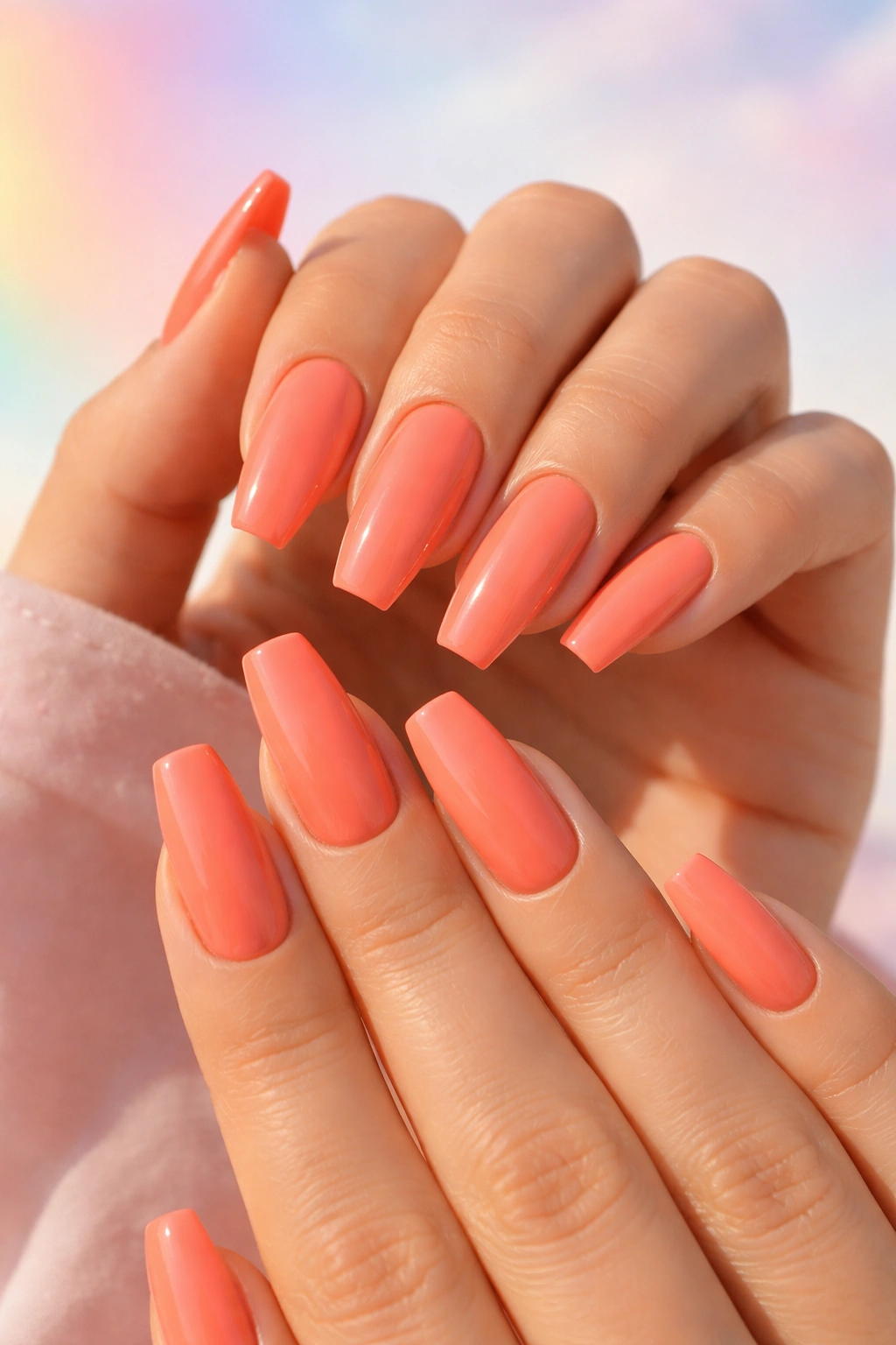 Close-up of coral coffin nails in medium length under natural light