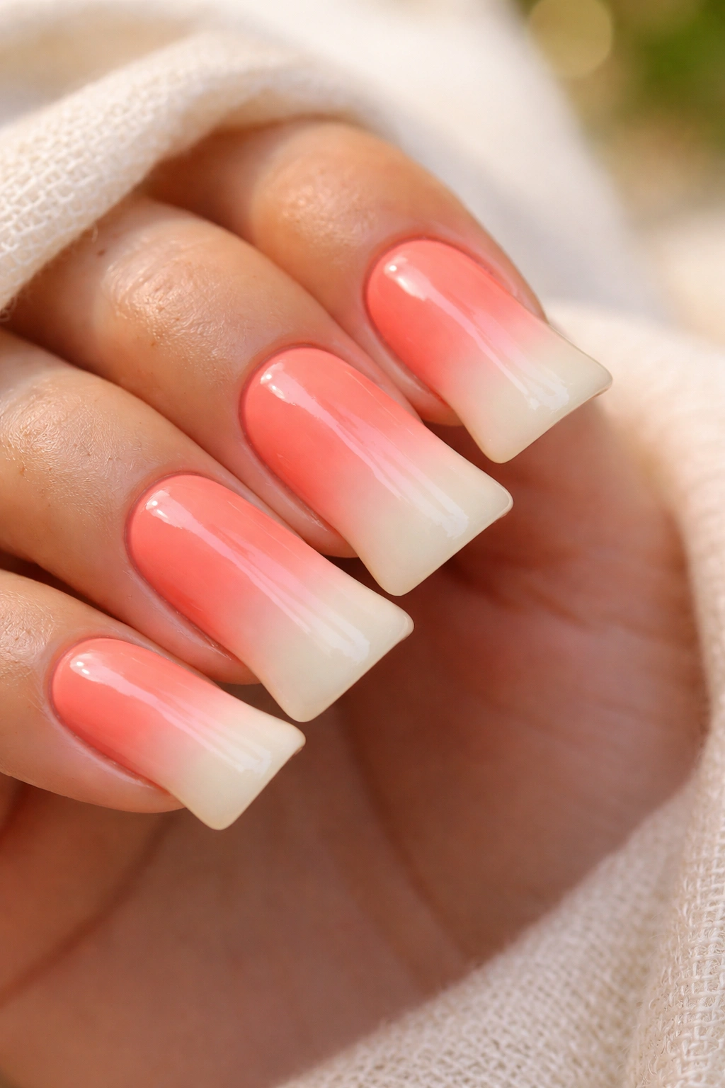 Close-up of coral and cream duck nails with smooth gradient on curved tips