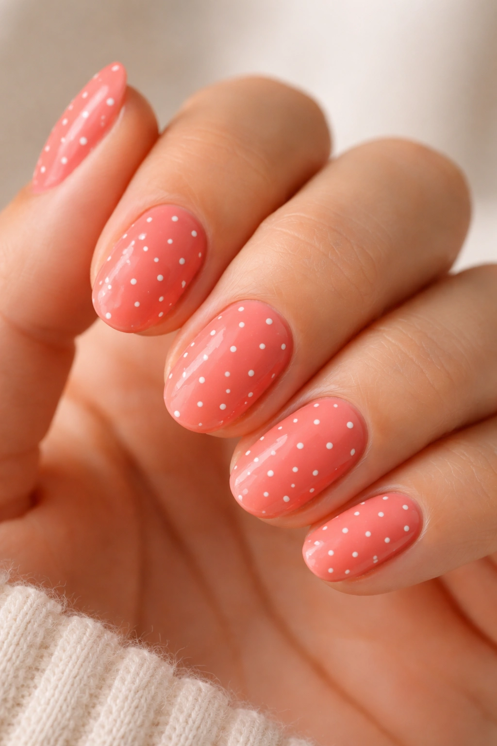 Coral nails with tiny white dots on short ovals