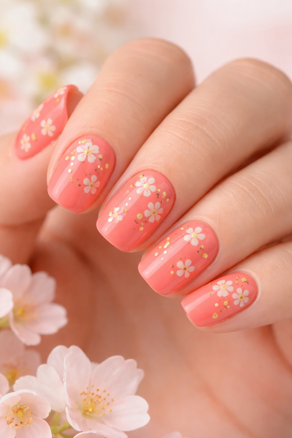 Nails with coral base and tiny delicate floral motifs on short squoval nails