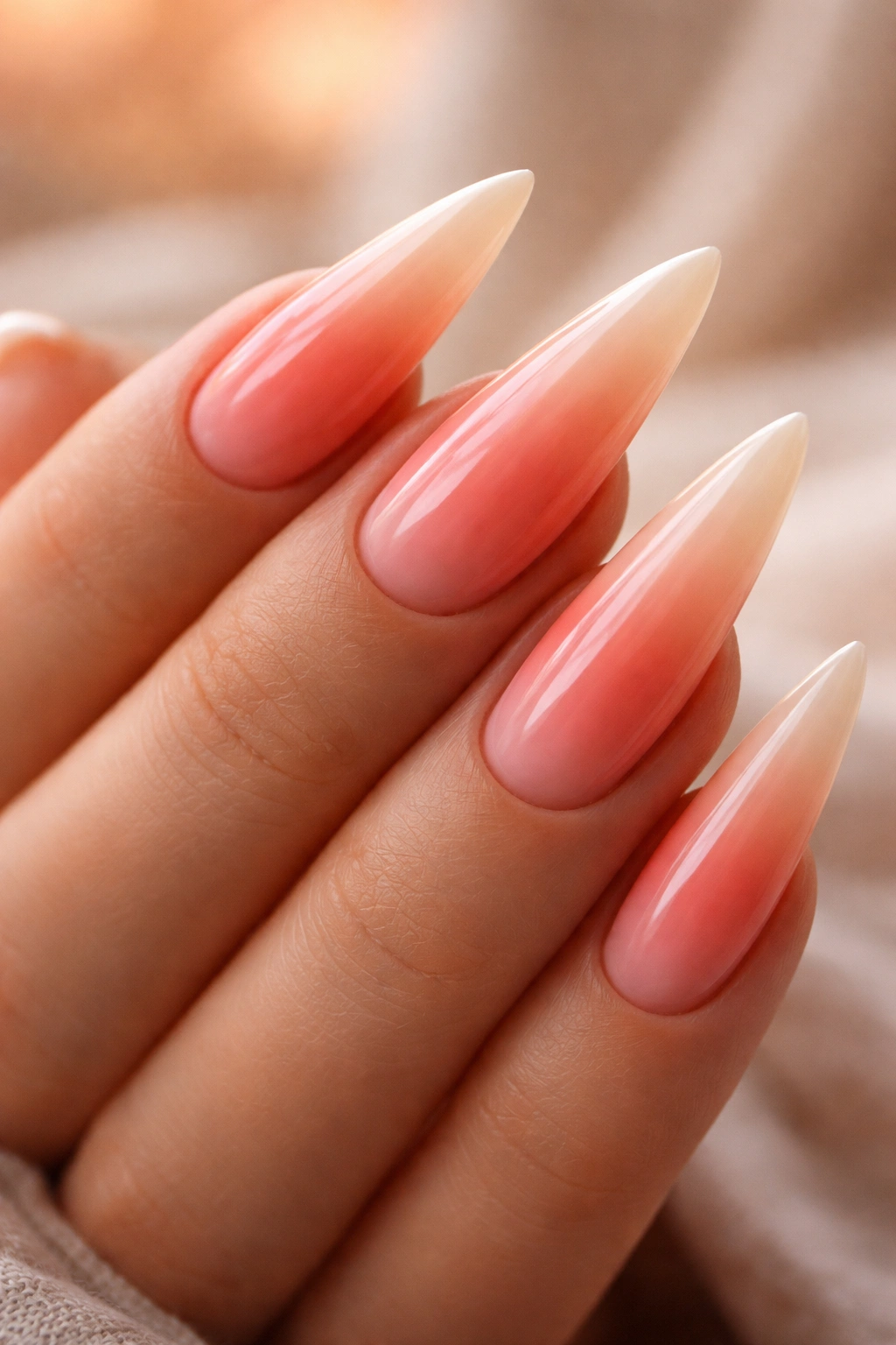 Coral to peachy pink to cream gradient stiletto nails