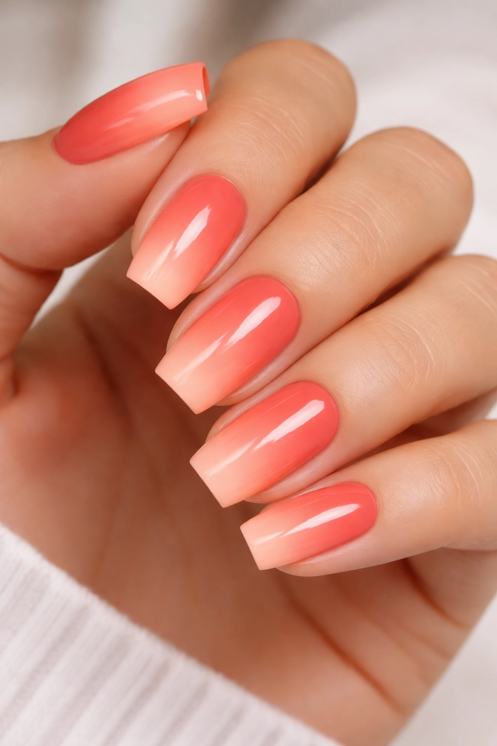 Close-up of coral gradient squoval nails on a hand