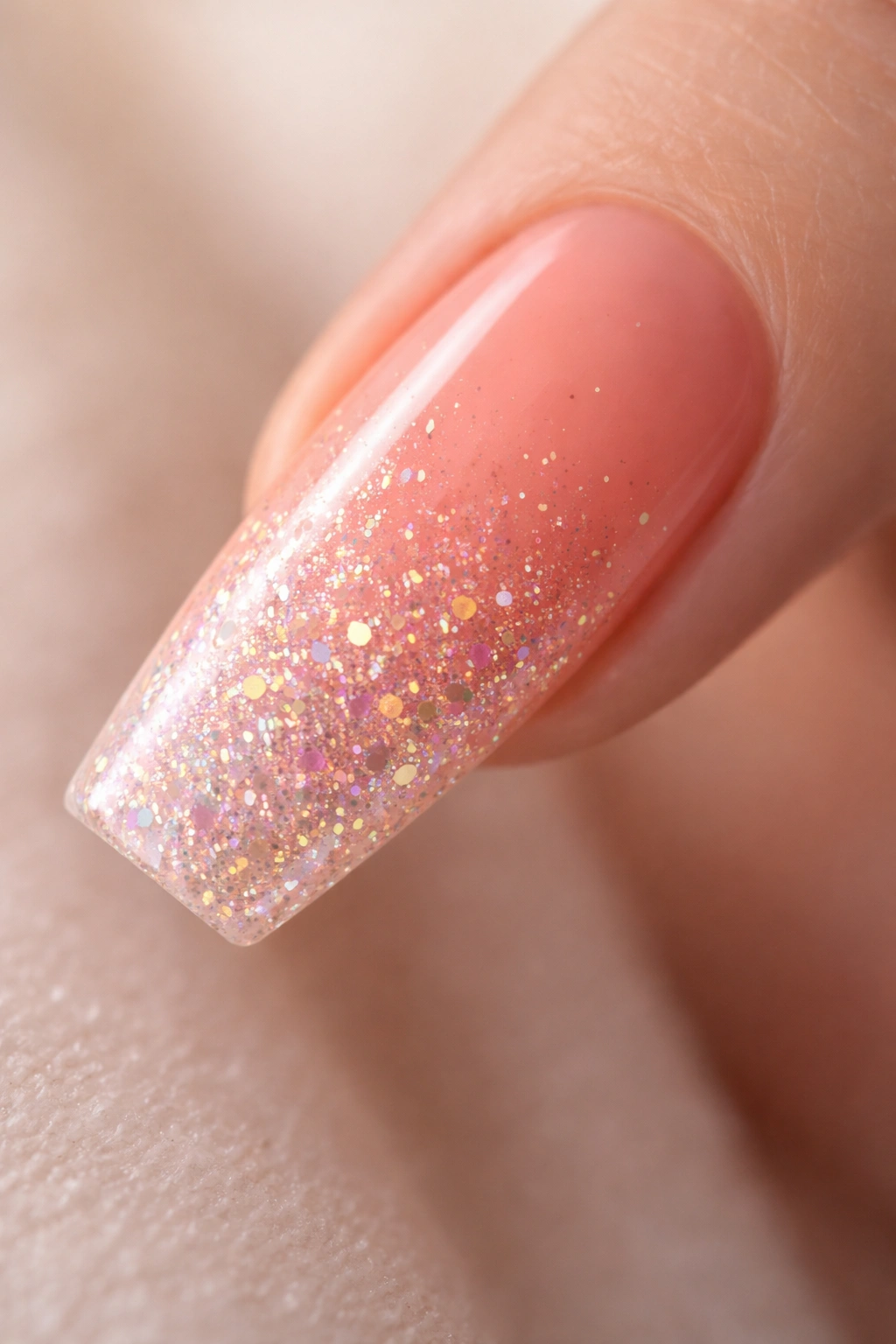 Close-up of coral coffin nail with iridescent glitter fade