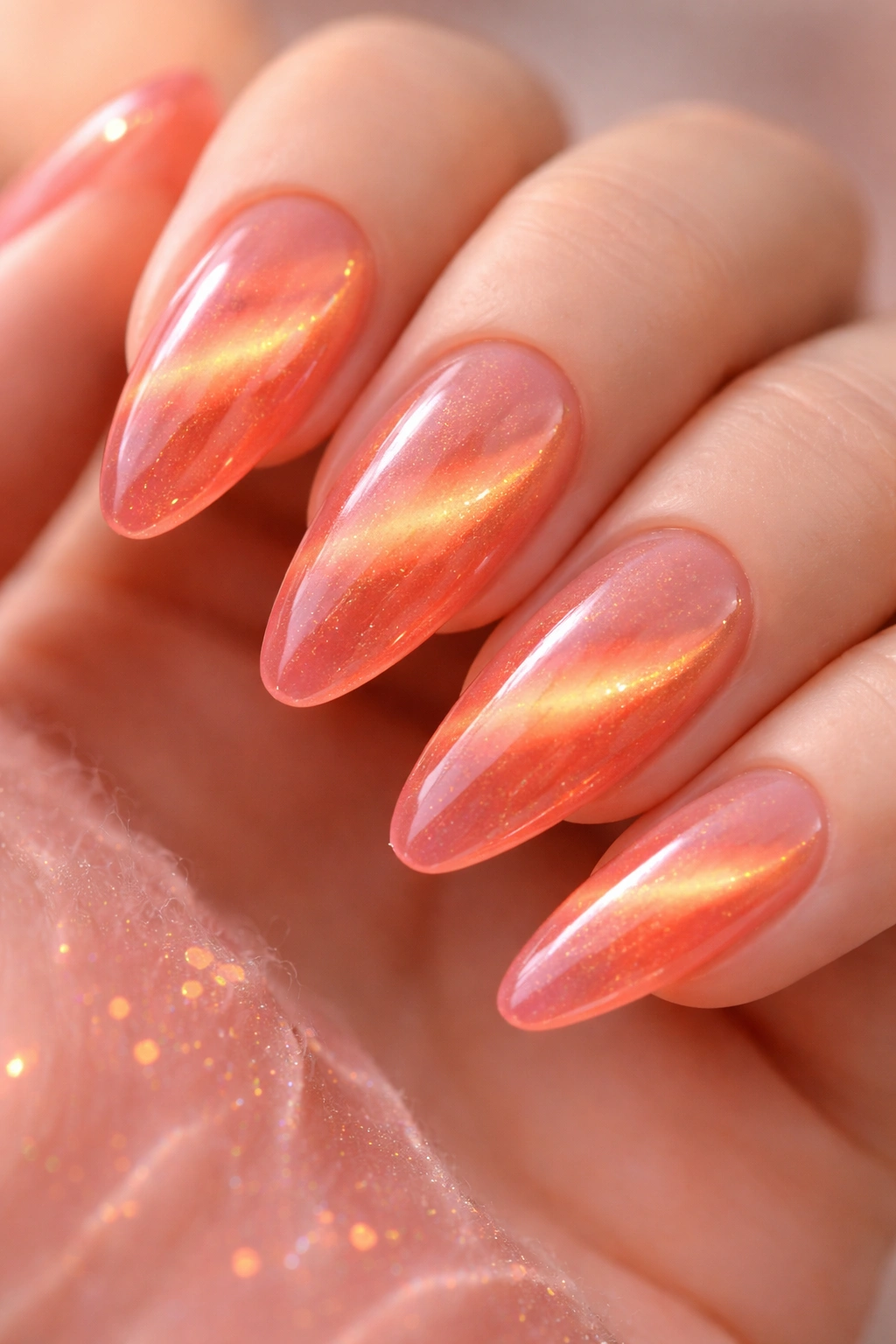 Translucent coral jelly nails with magnetic shimmer in soft lighting