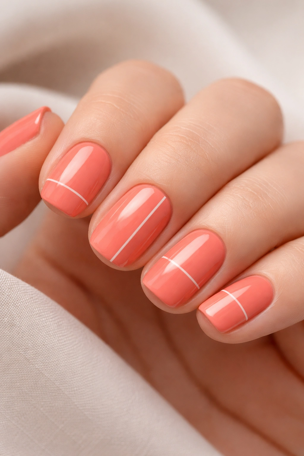 Coral nails with minimalist line work on short squoval shape