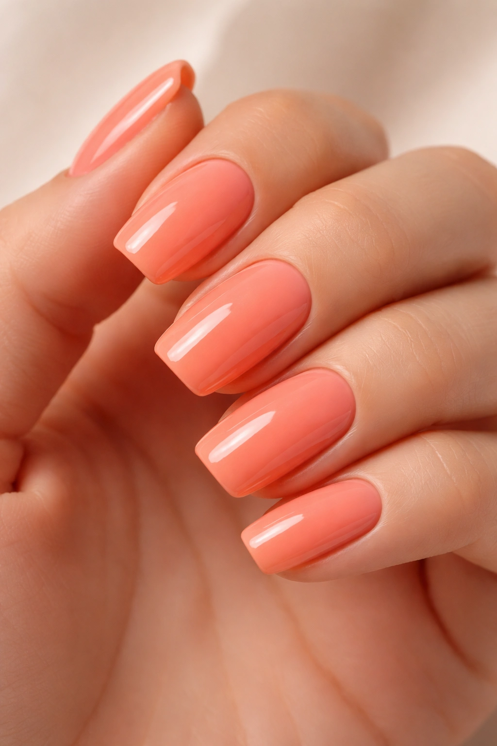 Close-up coral glossy soft square nails on hand