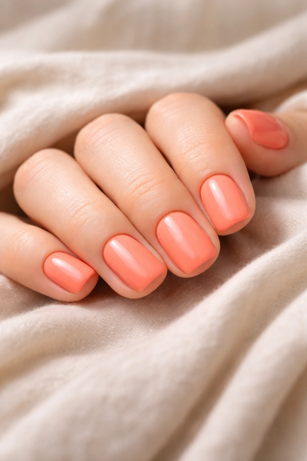 Serene close-up of coral manicure on short squoval nails