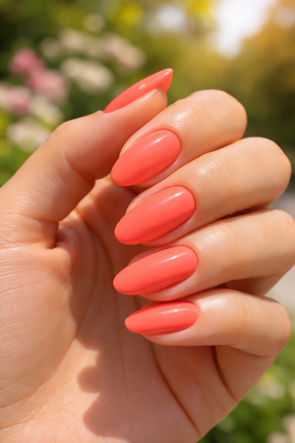 Close-up of vibrant coral nails in natural light