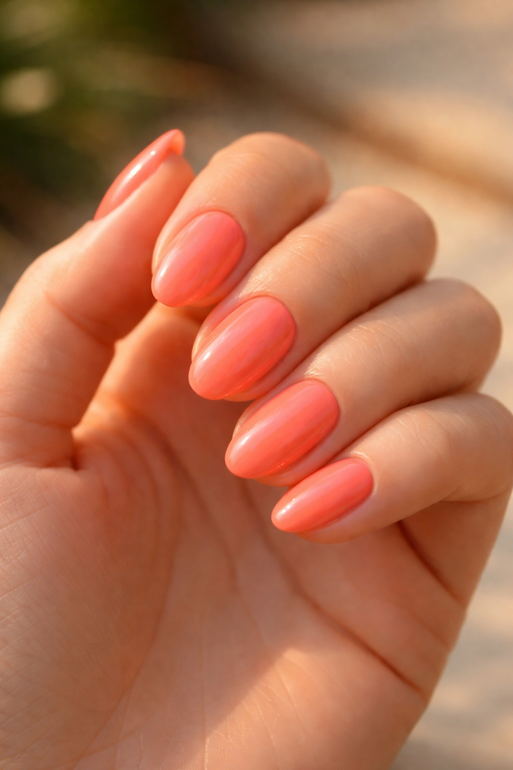 Close-up of coral short almond nails on a hand