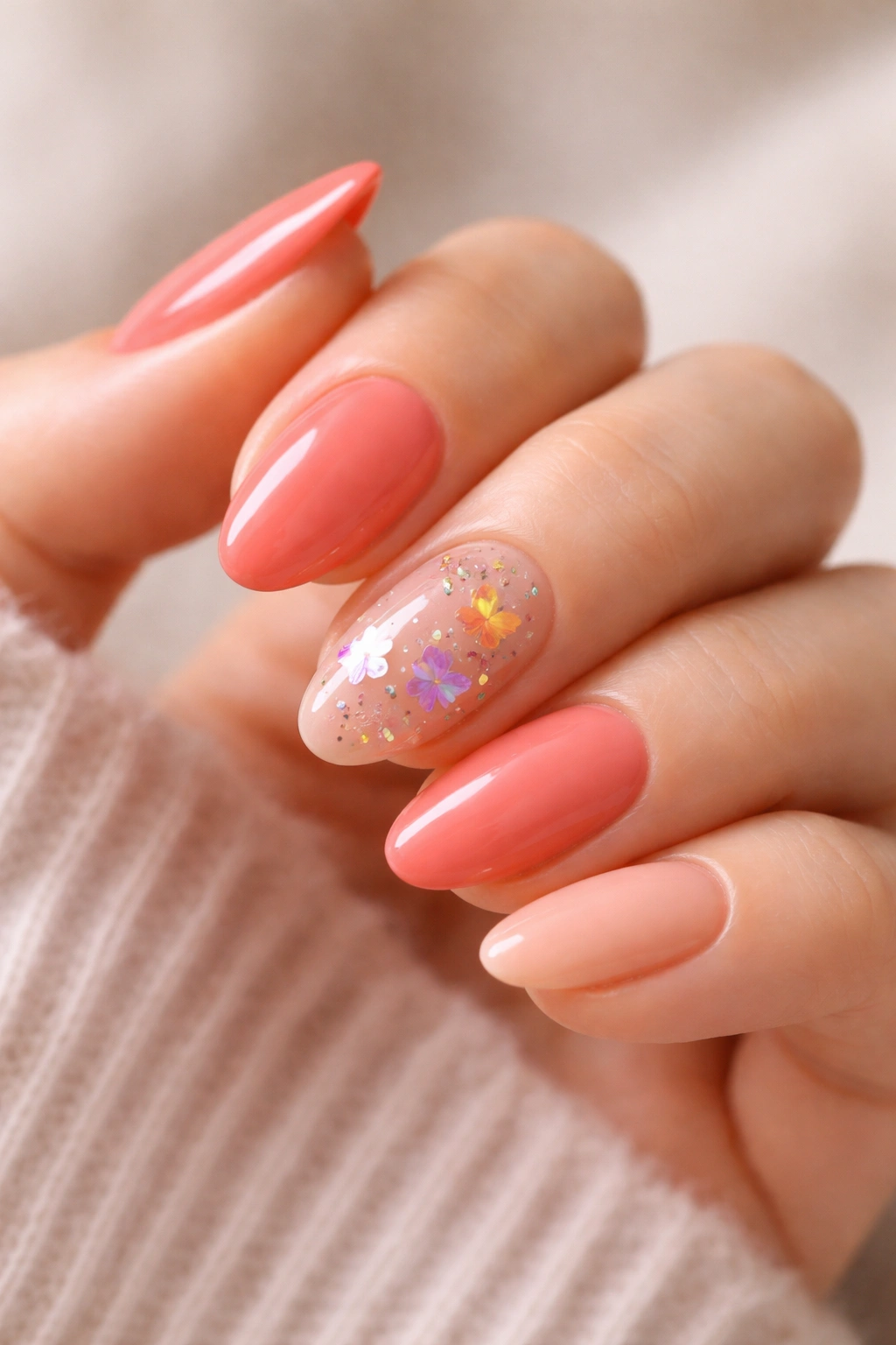 Glossy coral nails with butterfly confetti on two nails