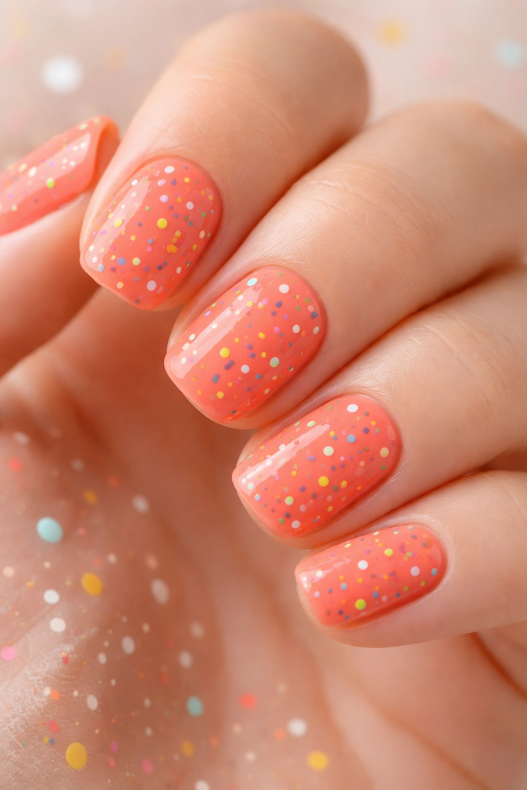 Coral nails with tiny multicolor confetti-like dots on short squoval nails