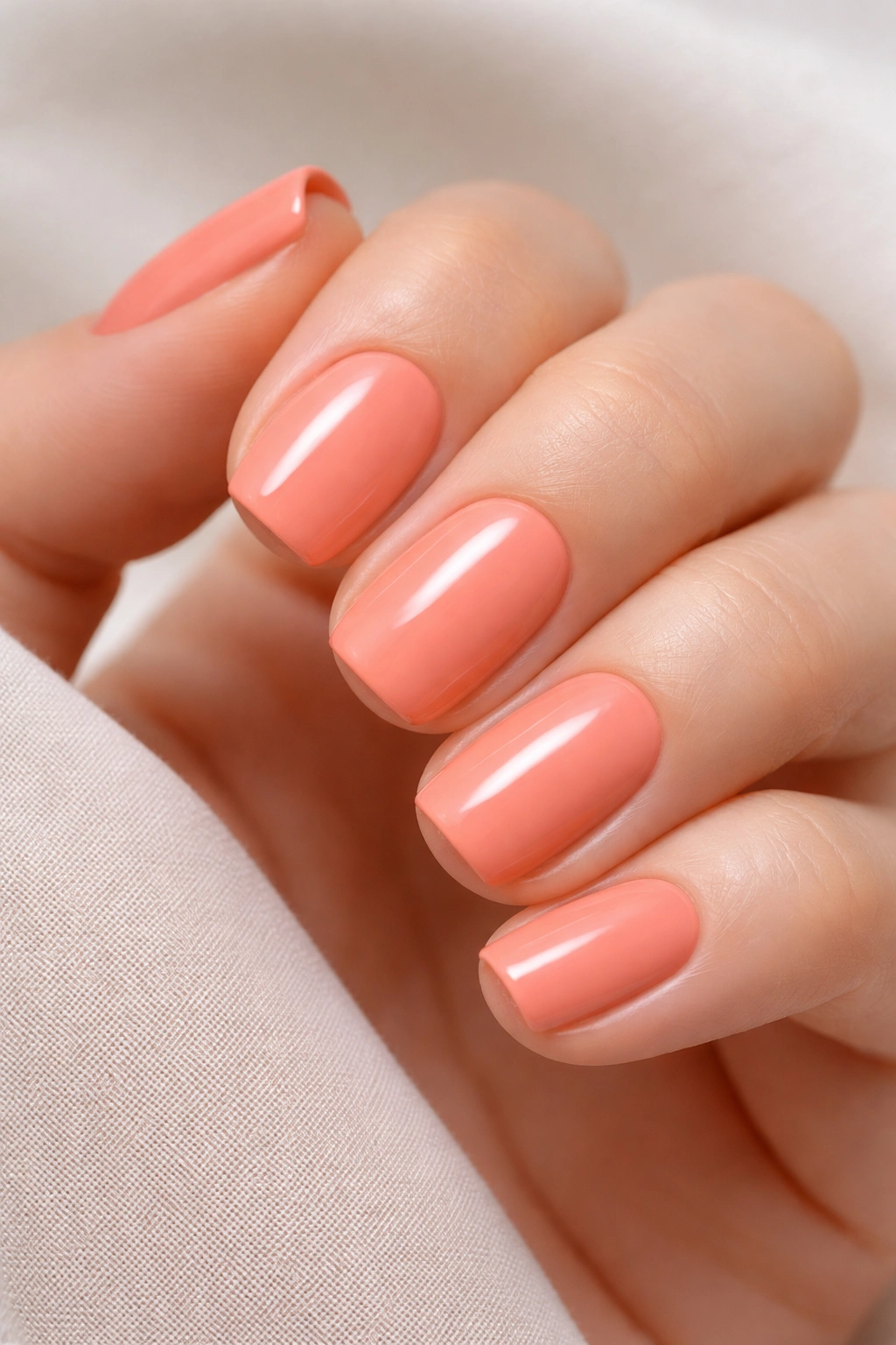 Close-up of coral squoval nails with cream finish on short nails