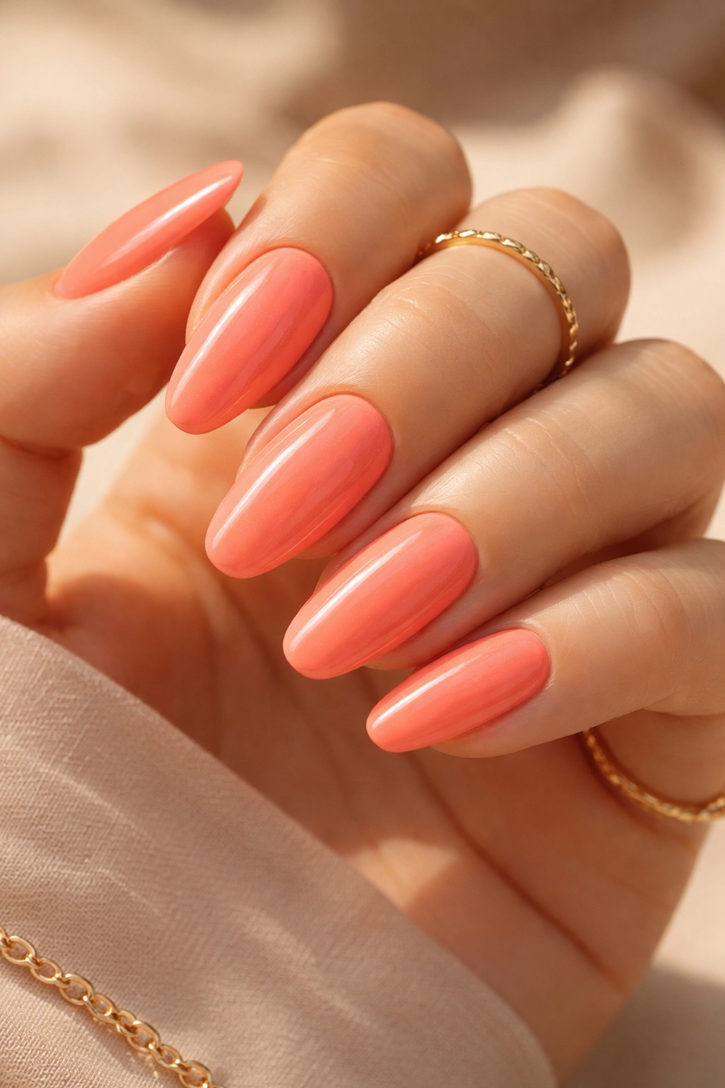 Close-up of vibrant coral nails with glossy finish