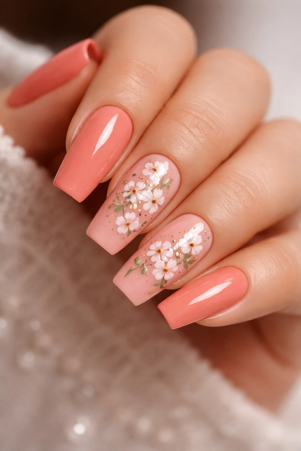 Coral coffin nails with tiny white flowers and green leaves