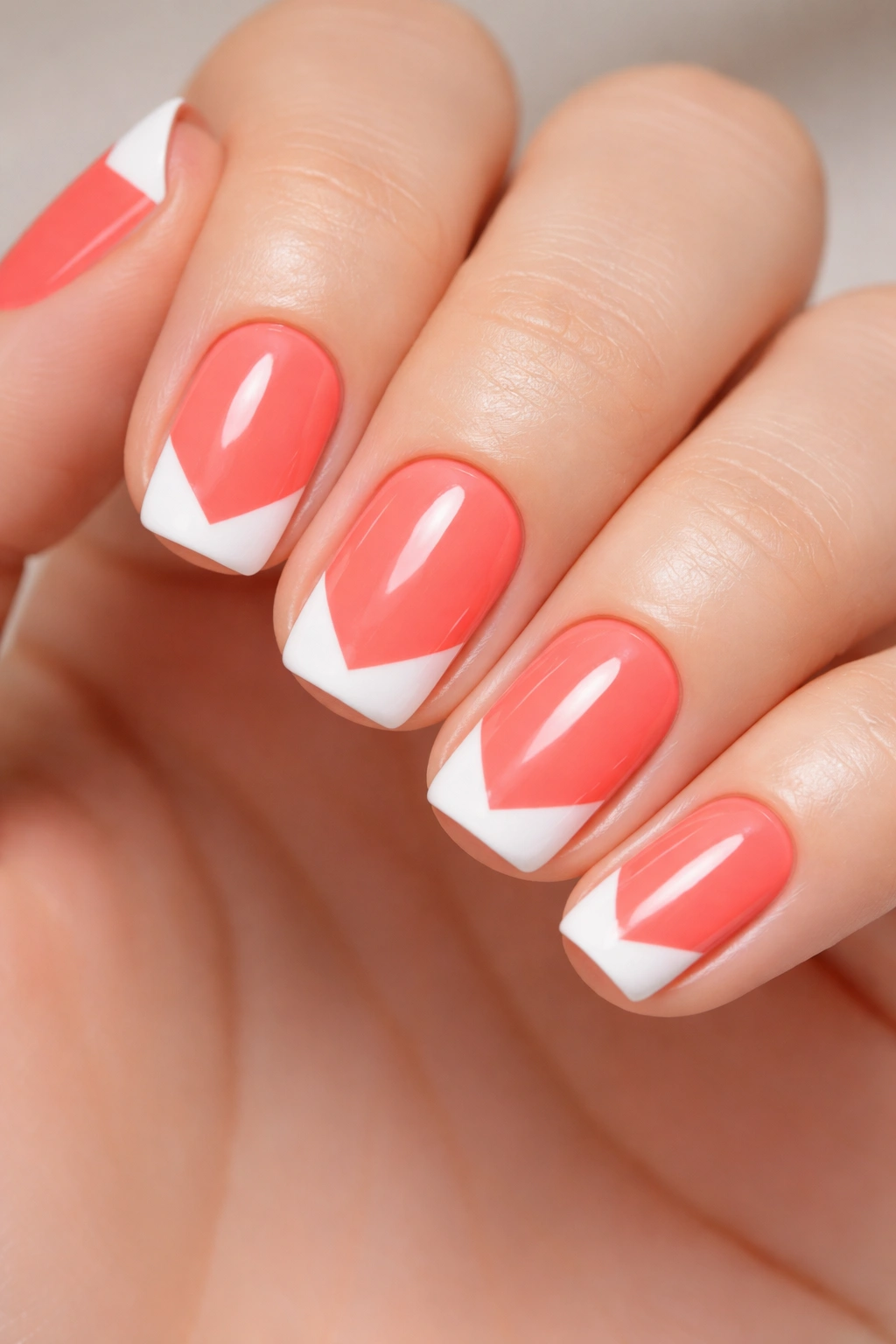 Close-up of coral nails with white geometric tips on short squoval nails