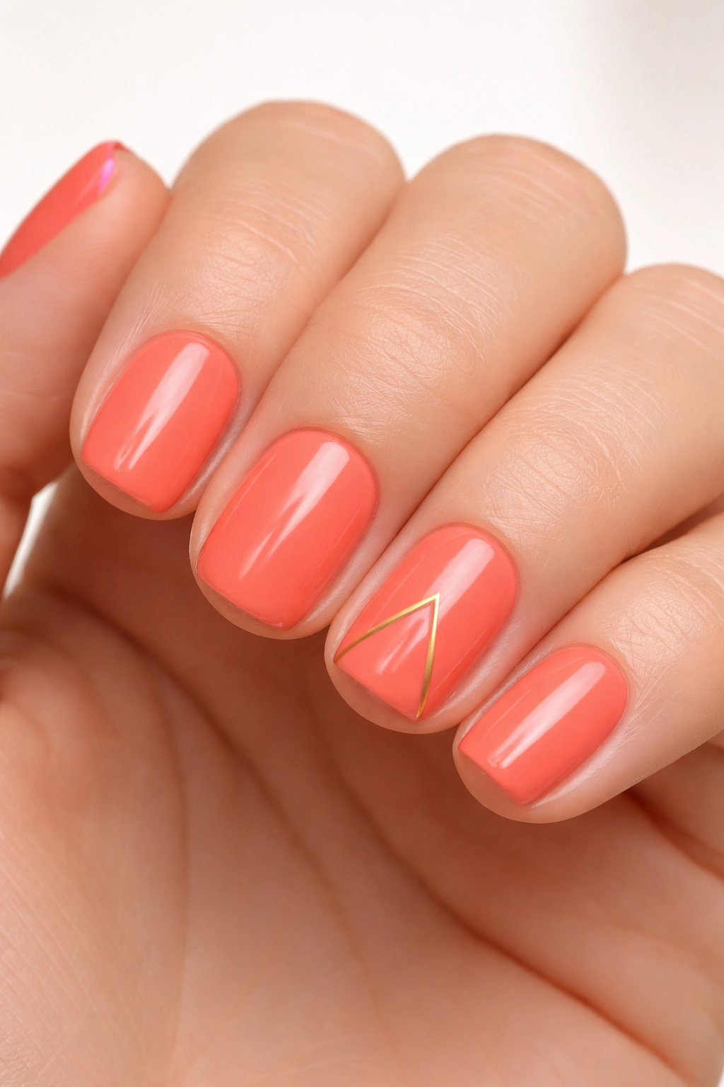 Coral nails with a single gold geometric accent on an accent nail