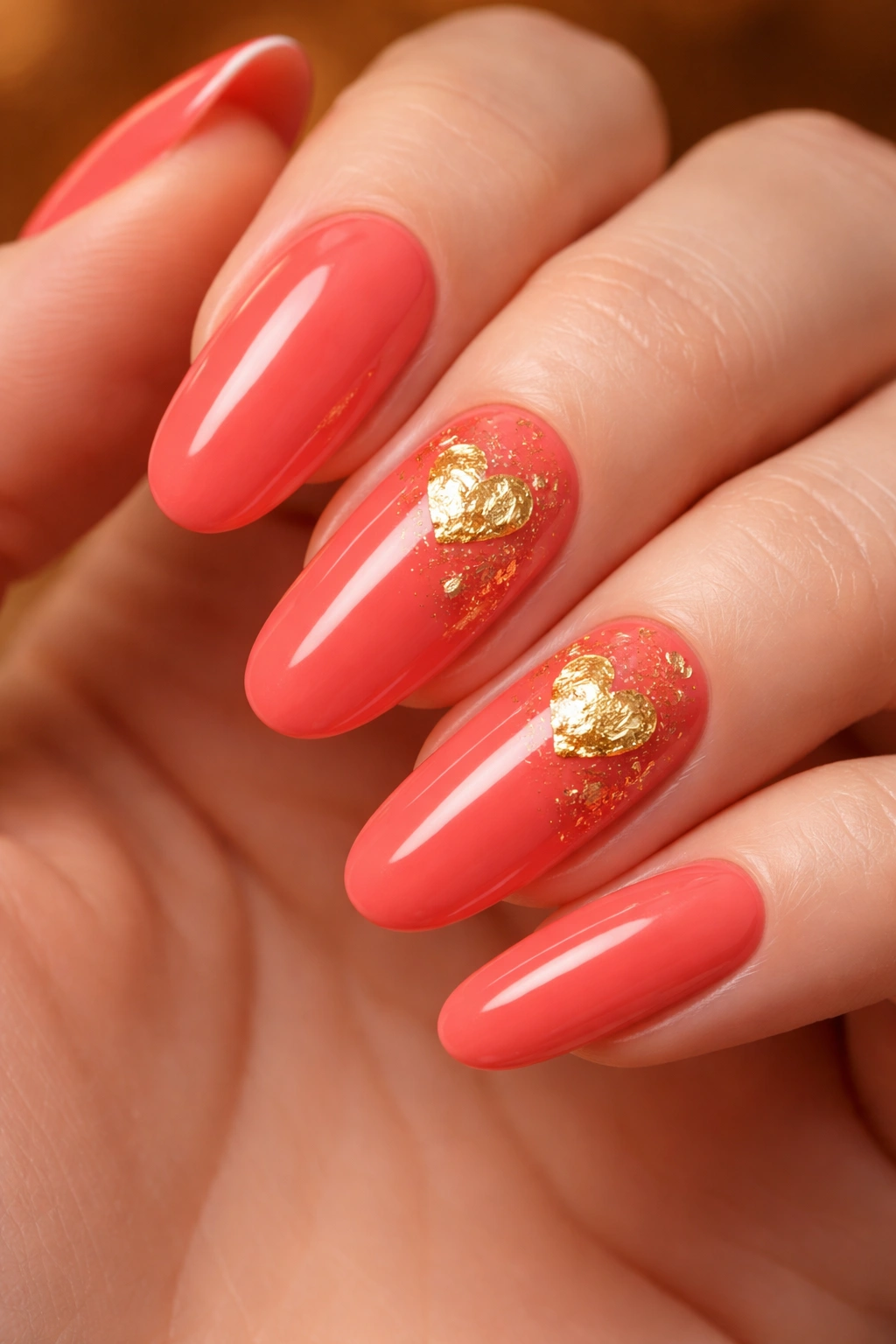 Coral nails with gold leaf heart accents on accent nails