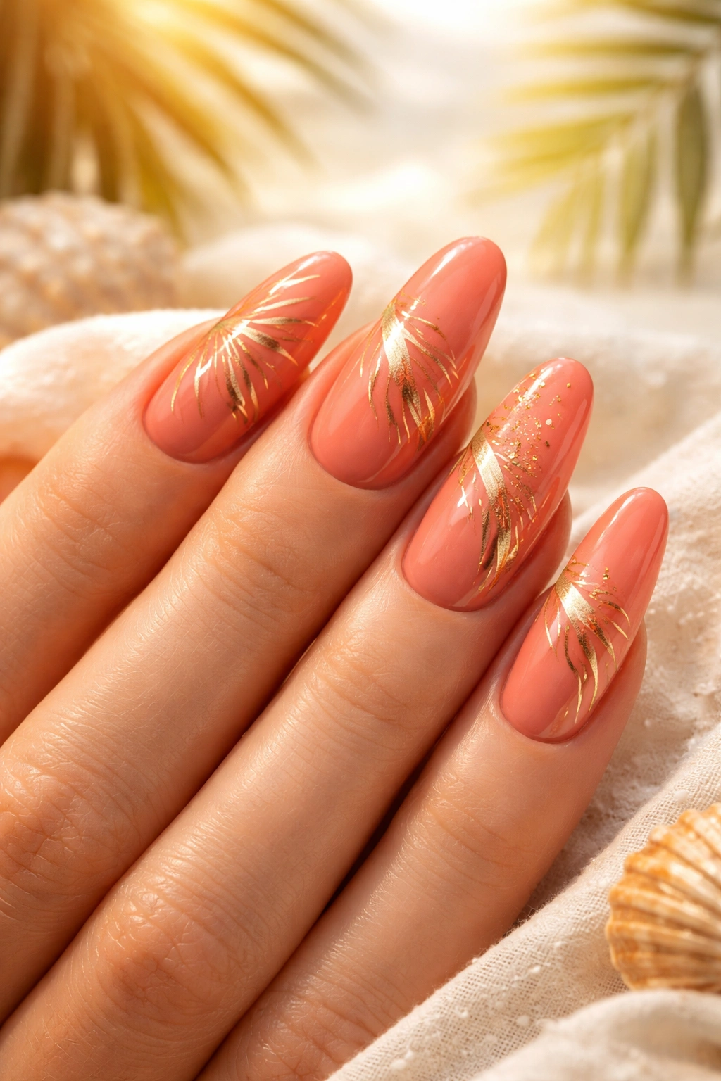 Long oval coral nails with gold accents and tropical patterns.