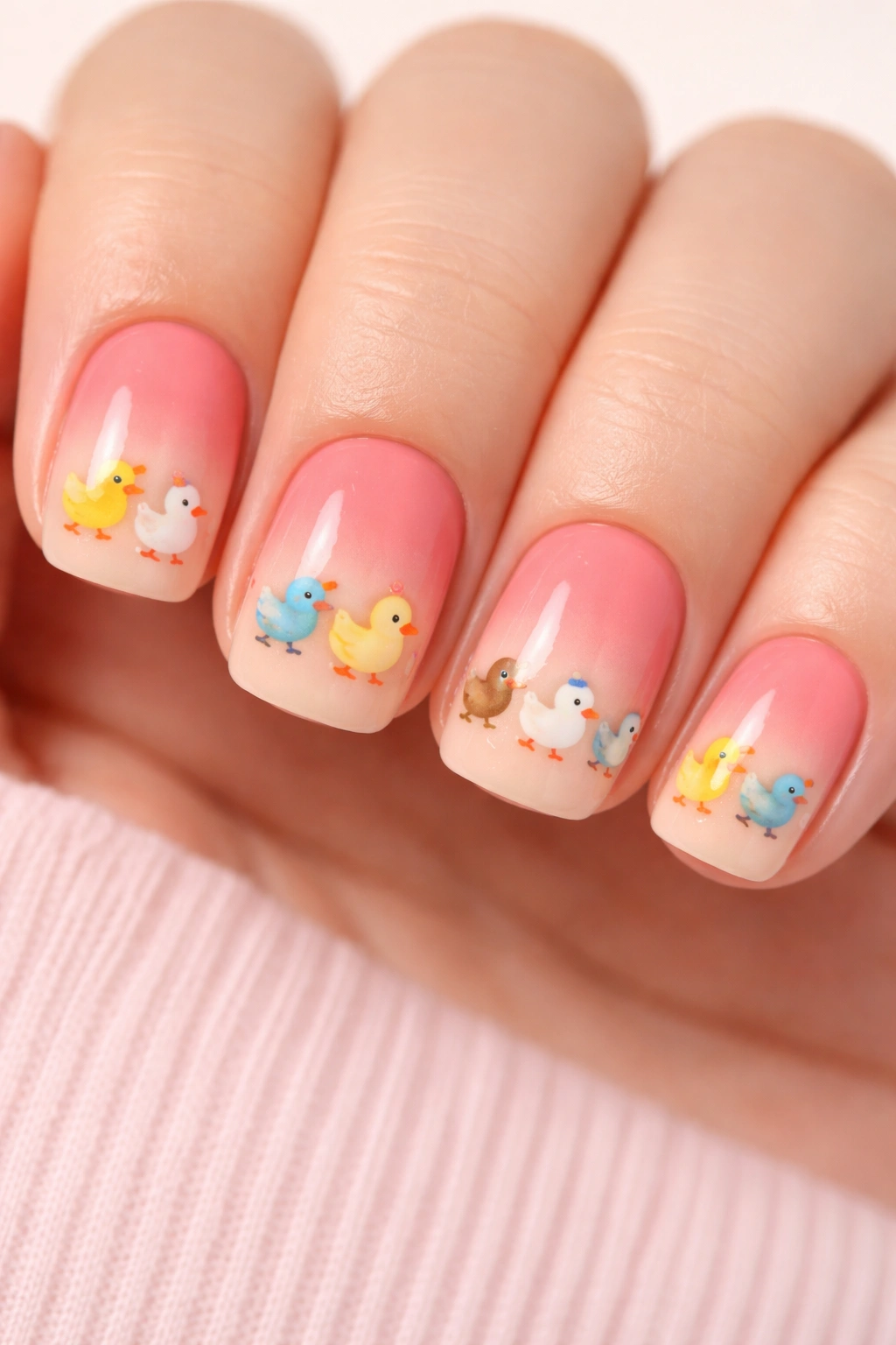 Close-up of short nails with coral gradient and playful duck parade across nails