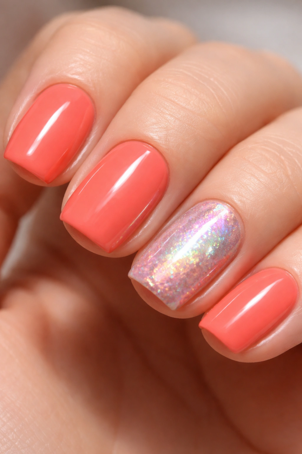 Close-up of coral nails with a holographic accent on one nail