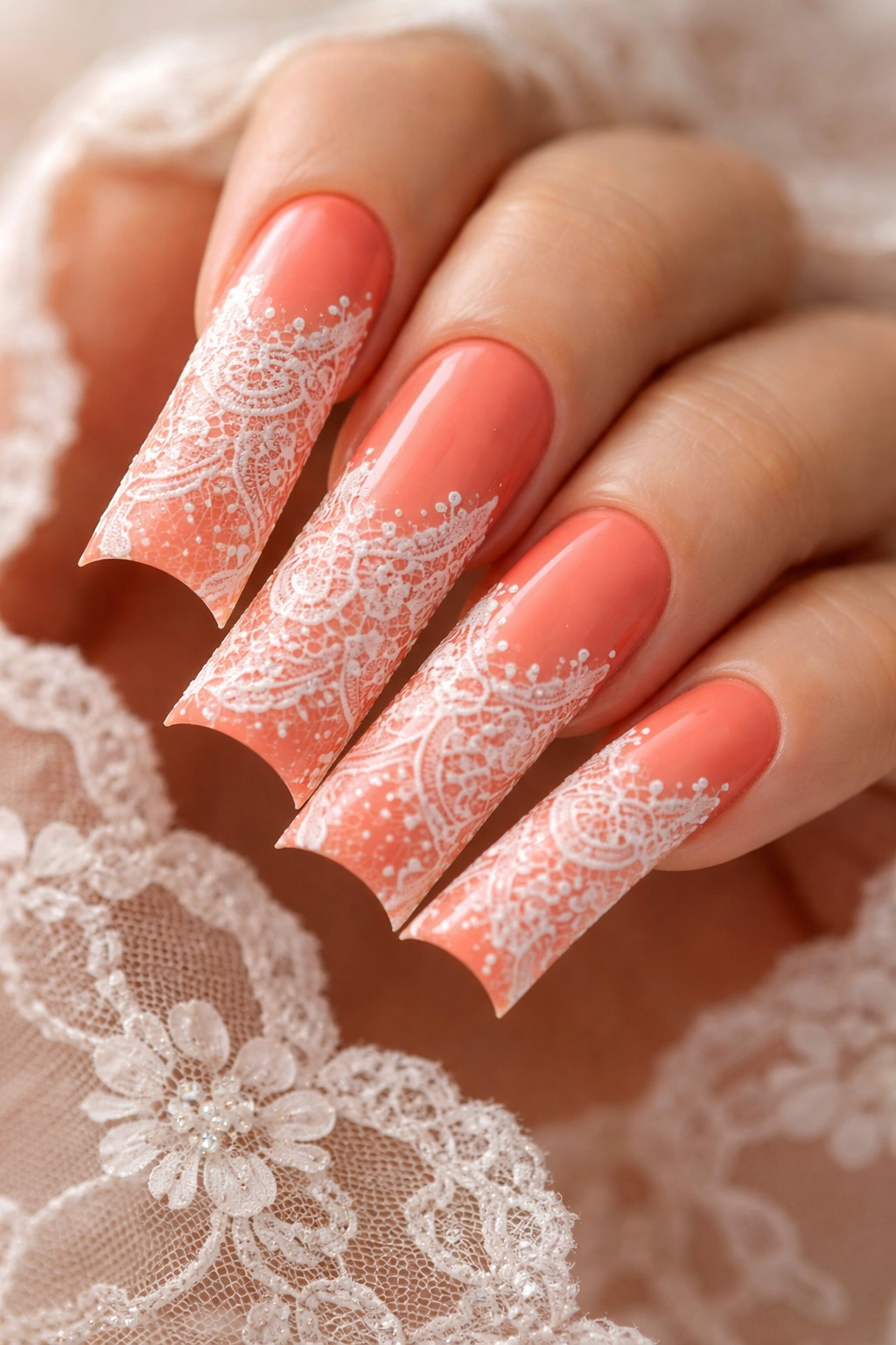 Coral nails with white lace pattern on long duck nails