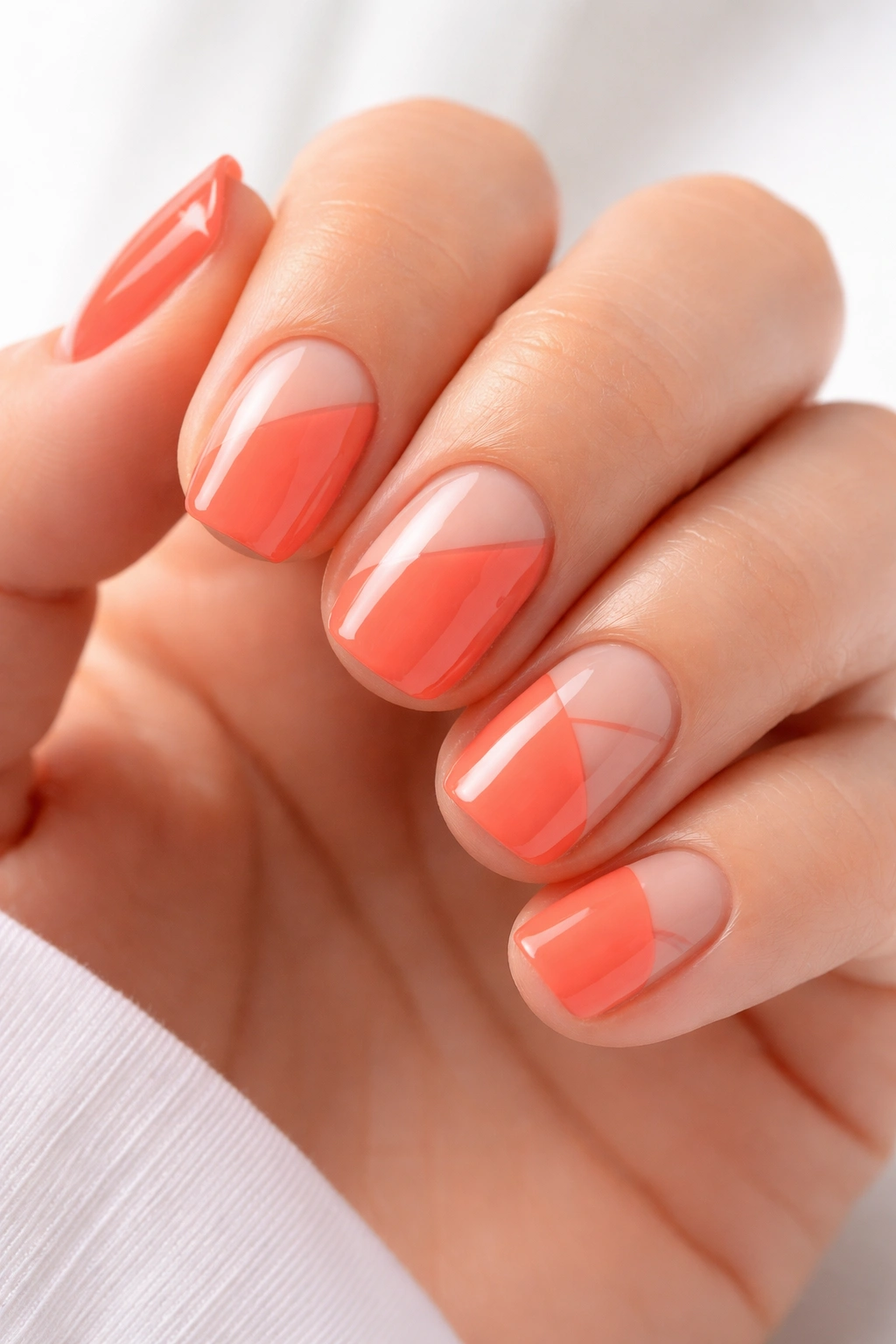 Coral nails with negative space design on short squoval nails